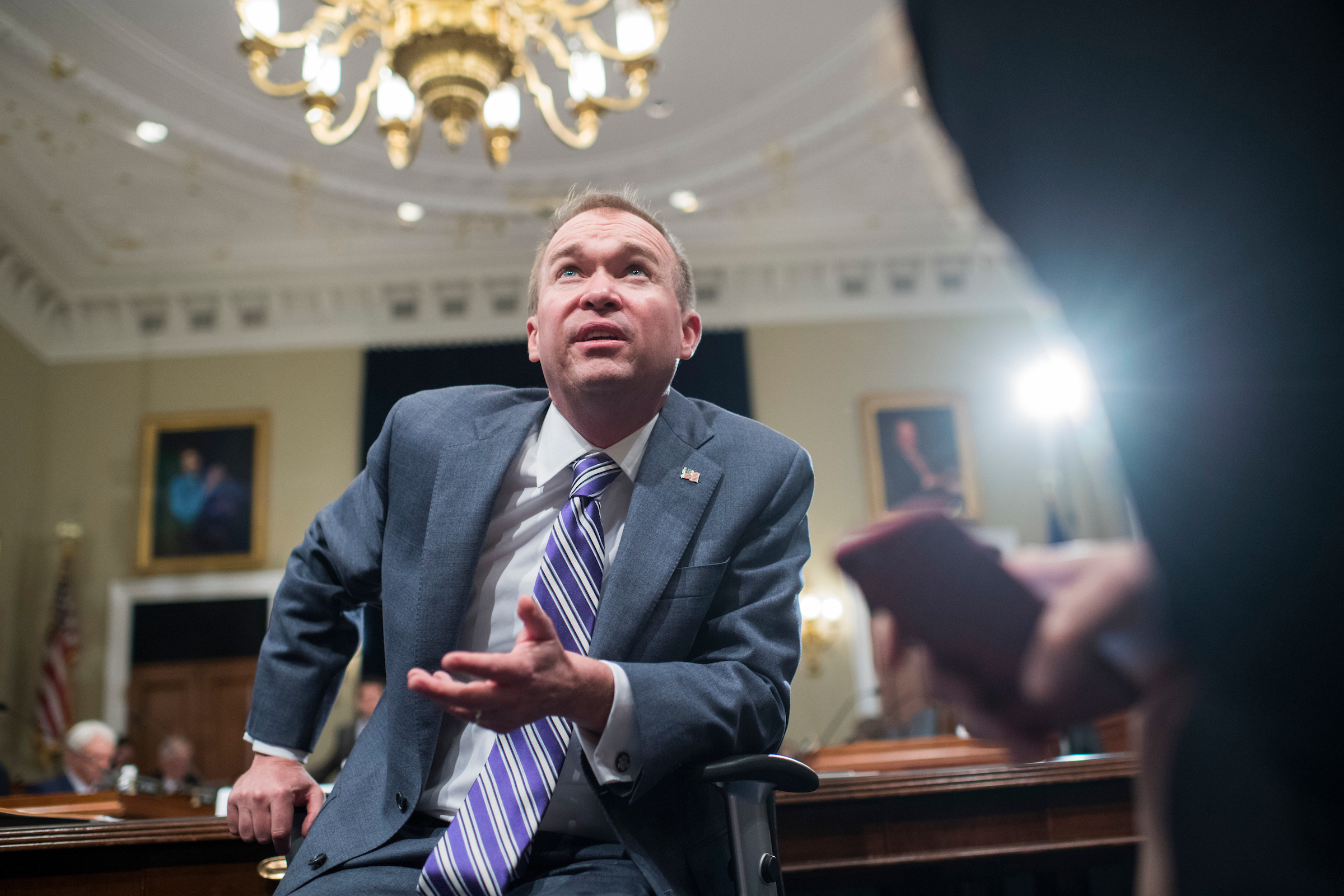 OMB Director <a class="memberLink" title="Click to view member info in a new window" href="http://data.rollcall.com/members/31499?rel=memberLink" target="_blank">Mick Mulvaney</a> takes a break during testimony before a House Budget Committee hearing in the Longworth Building titled "The President’s FY2018 Budget" on Wednesday. (Tom Williams/CQ Roll Call)