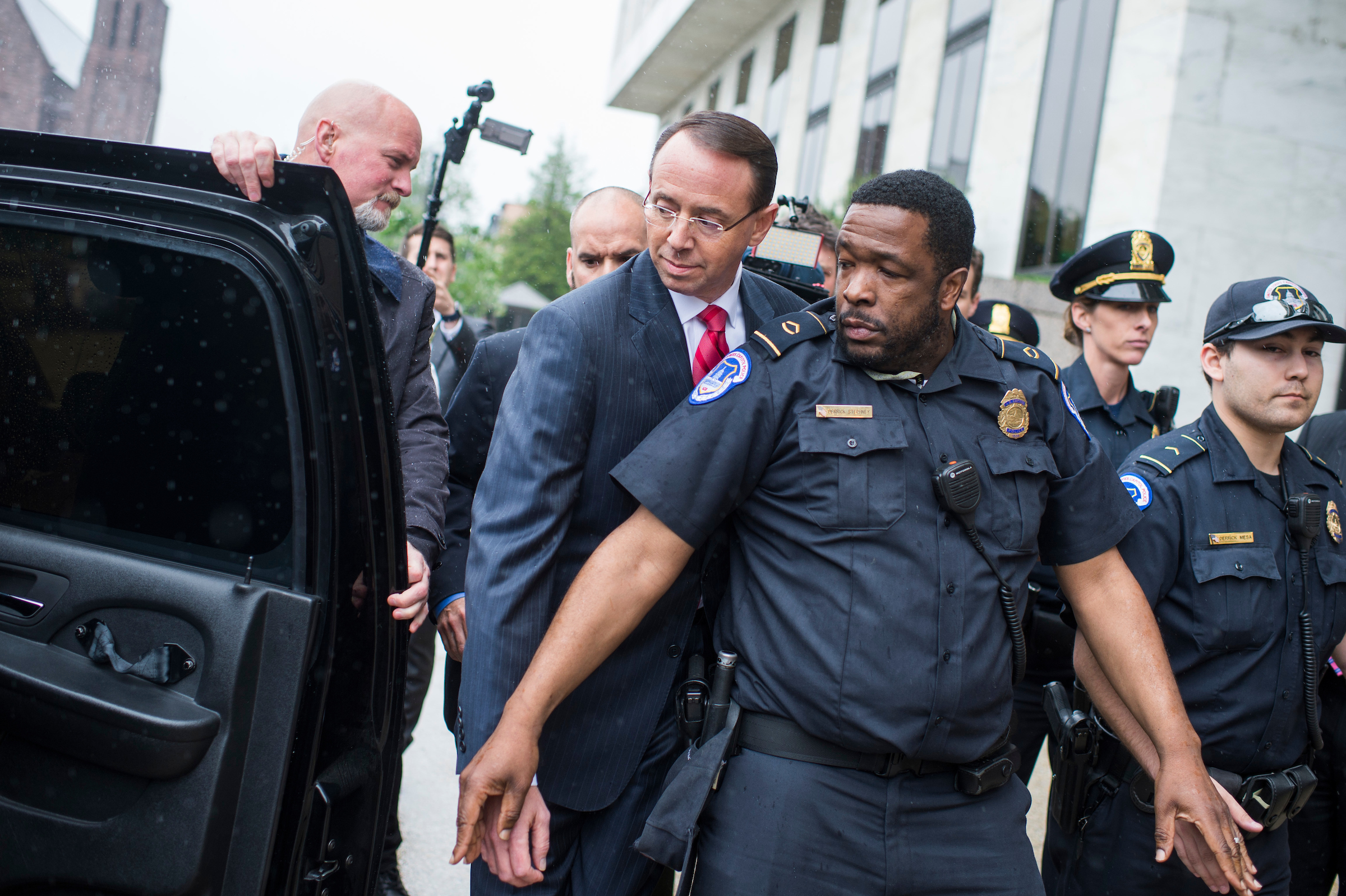 UNITED STATES - MAY 11: Deputy Attorney General Rod Rosenstein leaves a meeting with Chairman Richard Burr, R-N.C., and Ranking Member Mark Warner, D-Va., after a Senate (Select) Intelligence Committee hearing in Hart Building titled "World Wide Threats" on May 11, 2017. (Photo By Tom Williams/CQ Roll Call)