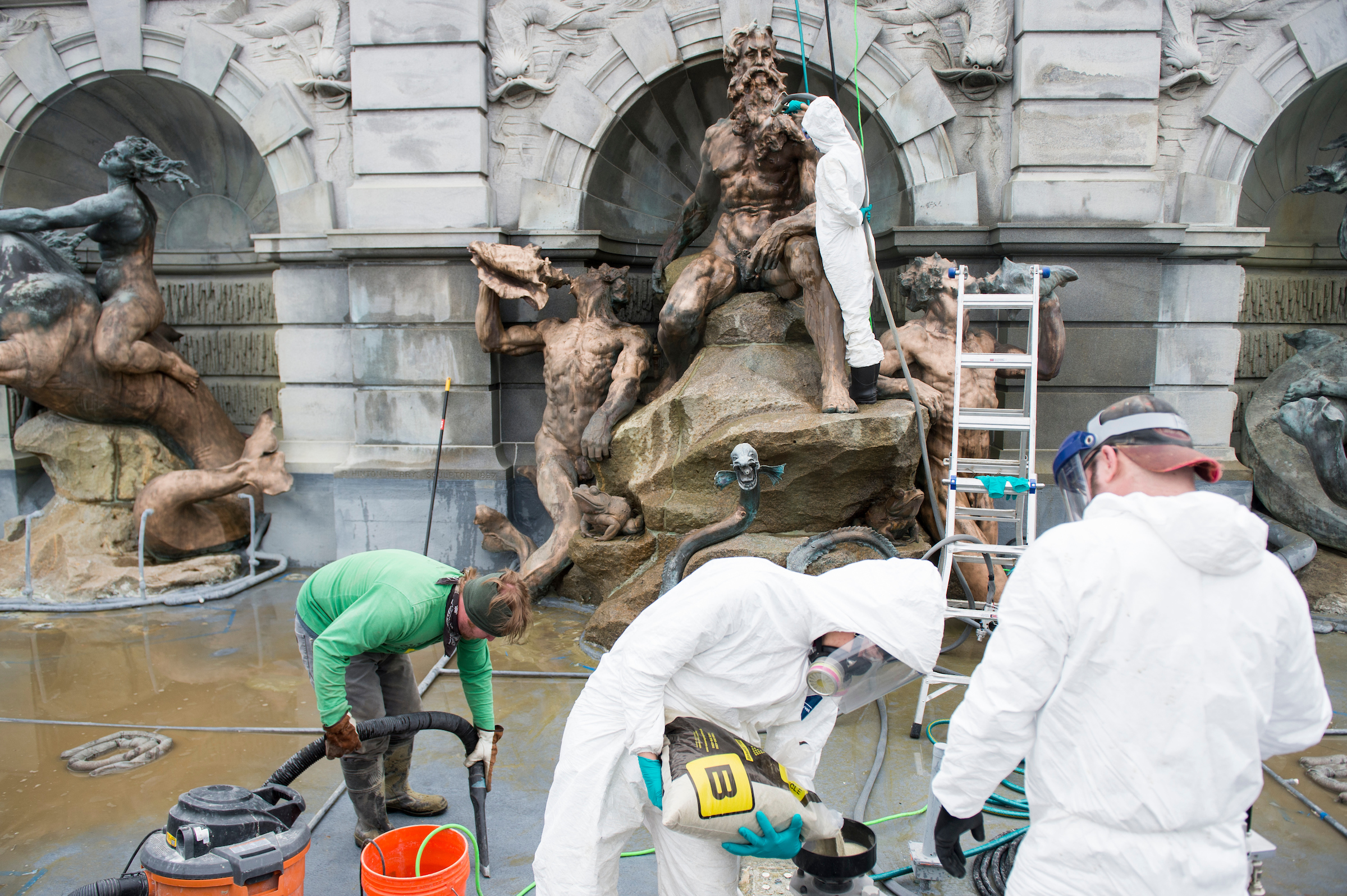 UNITED STATES - MAY 24: The Court of Neptune, the fountain at the front of the Thomas Jefferson Building of the Library of Congress, gets a cleaning on Wednesday, May 24, 2017. (Photo By Bill Clark/CQ Roll Call)