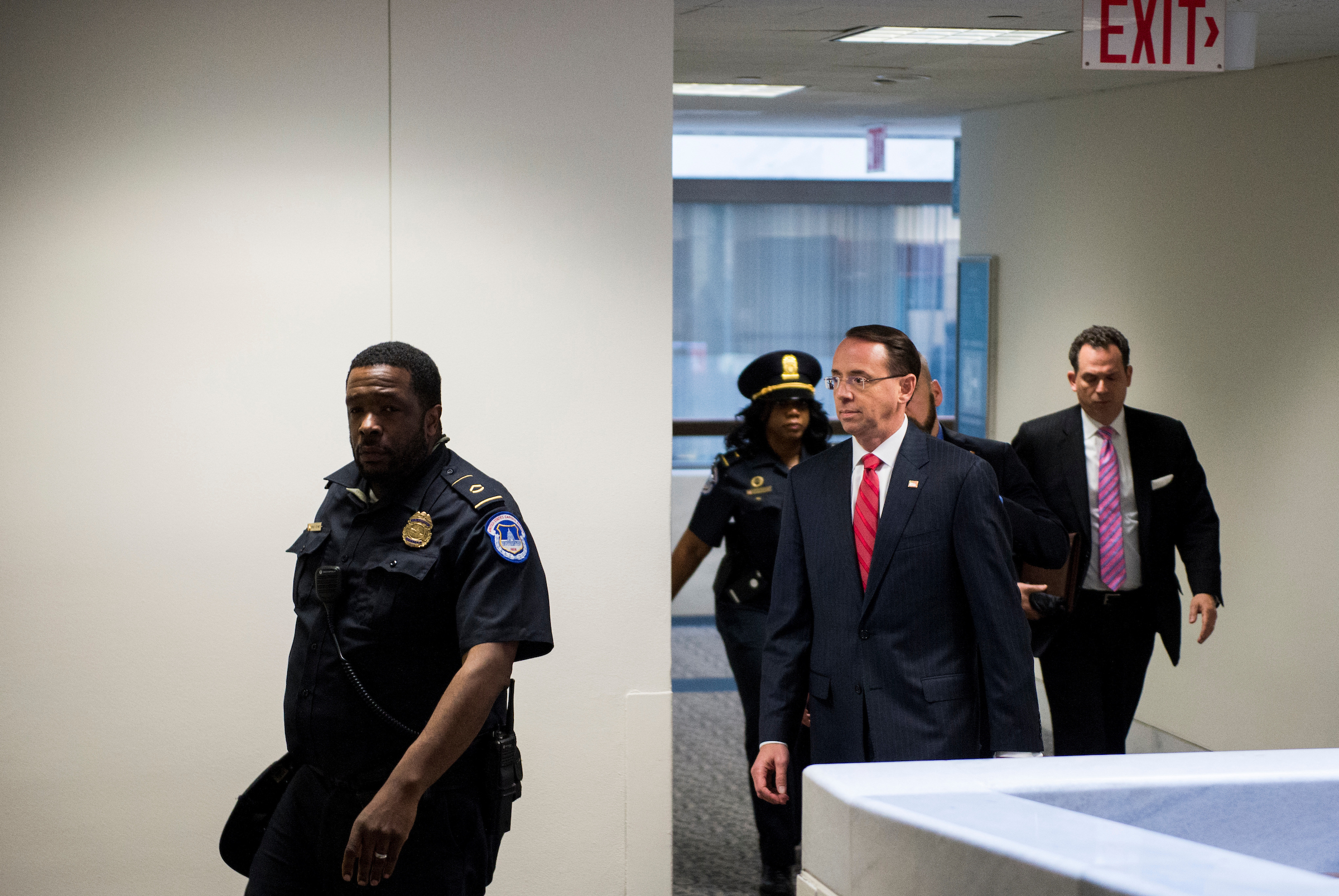 UNITED STATES - MAY 11: Deputy Attorney General Rod Rosenstein leaves the Hart Senate Office Building after meeting a meeting in the Senate Intelligence Committee' secure office on Thursday, May 11, 2017. (Photo By Bill Clark/CQ Roll Call)