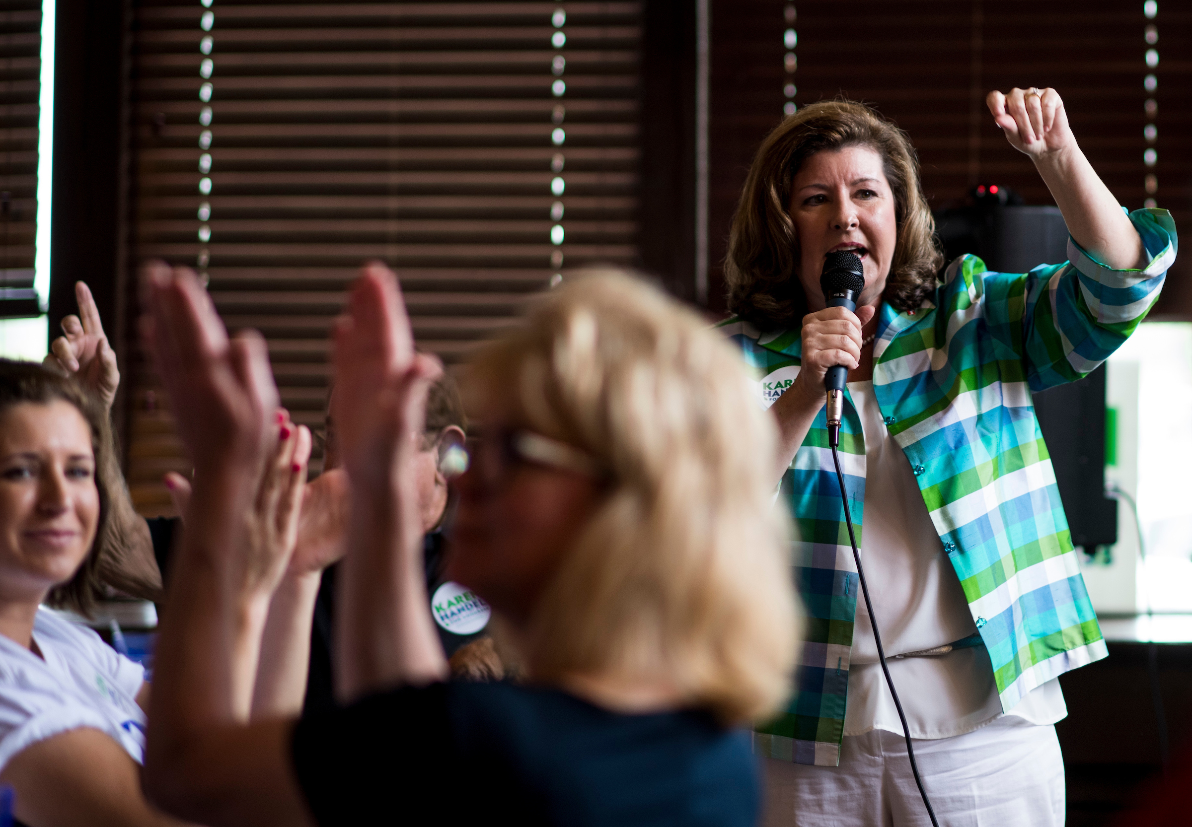UNITED STATES - JUNE 19: Republican candidate for Georgia's 6th Congressional district Karen Handel speaks to supporters at the Cherokee Cattle Ranch restaurant in Marietta, Ga., on the final day of campaigning on Monday, June 19, 2017. Handel is facing off against Democrat Jon Ossoff in the special election to fill the seat vacated by current HHS Secretary Tom Price will be held on Tuesday. (Photo By Bill Clark/CQ Roll Call)