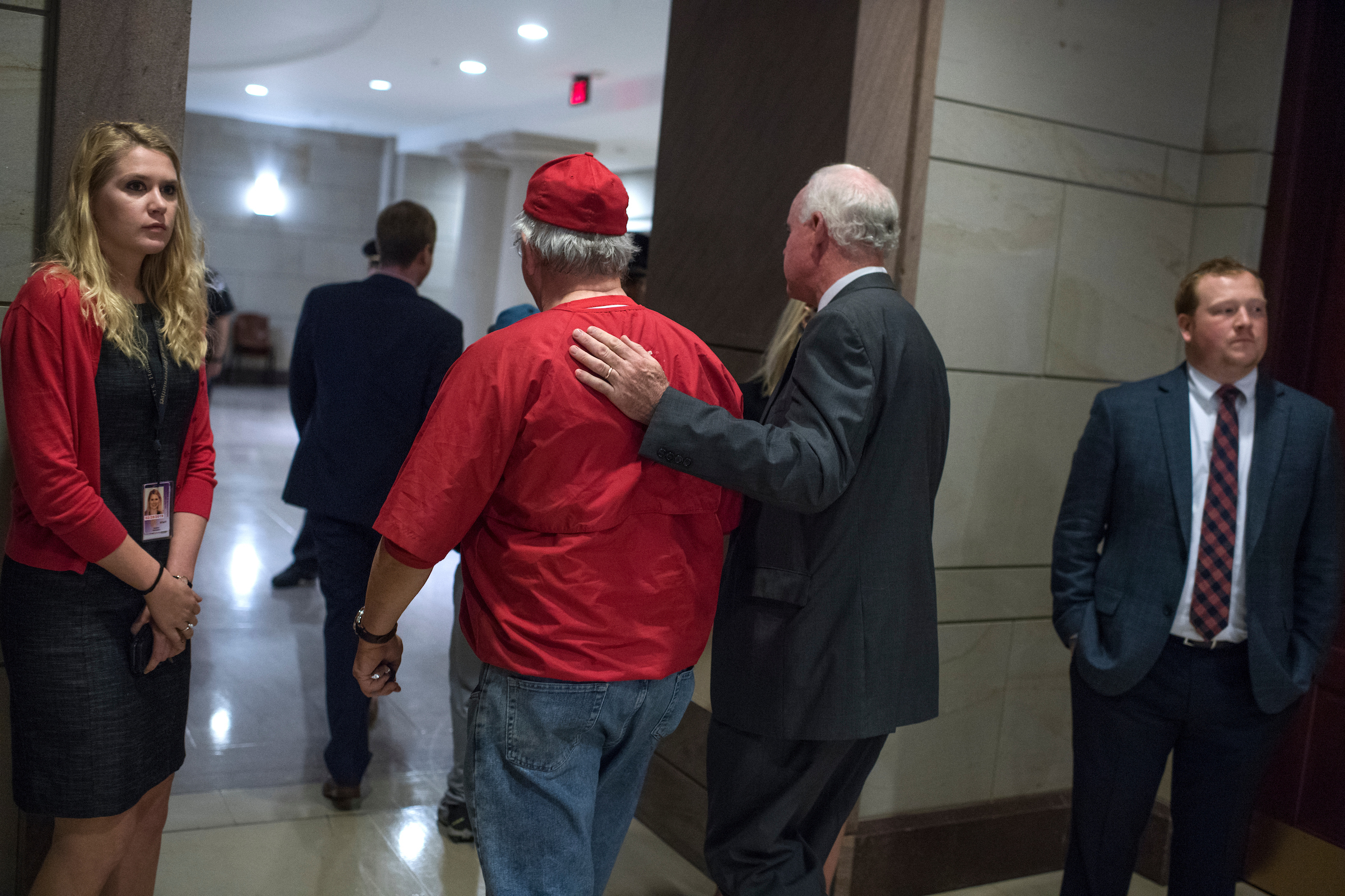 UNITED STATES - JUNE 14: Reps. Joe Barton, R-Texas, left, and Patrick Meehan, R-Pa., make their way to a meeting in the Capitol after a shooting at the Republican's baseball practice in Alexandria on June 14, 2017. (Photo By Tom Williams/CQ Roll Call)