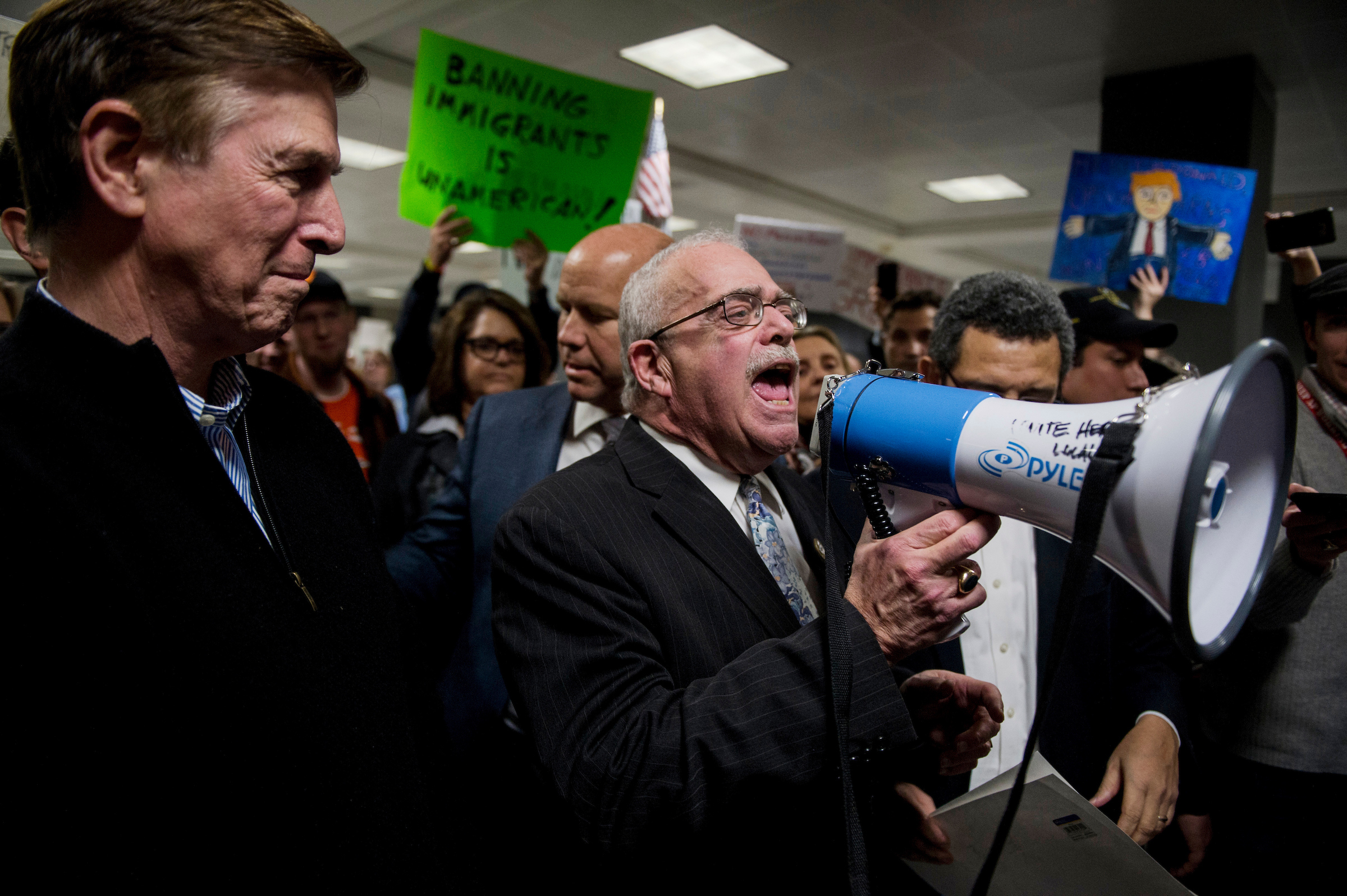 From left, Rep. Don Beyer, D-Va., Rep. John Delaney, D-Md., and Rep. Gerry Connolly, D-Va., protested the administration's travel ban when it was unveiled earlier this year.  (Bill Clark/CQ Roll Call File Photo)