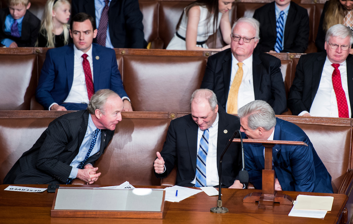 From left, incoming House Appropriations Committee chairman Rodney Frelinghuysen, R-N.J., House Majority Whip Steve Scalise, R-La., and House Majority Leader Kevin McCarthy, R-Calif., talk as the 115th Congress convenes on Jan. 3. (Bill Clark/CQ Roll Call file photo)