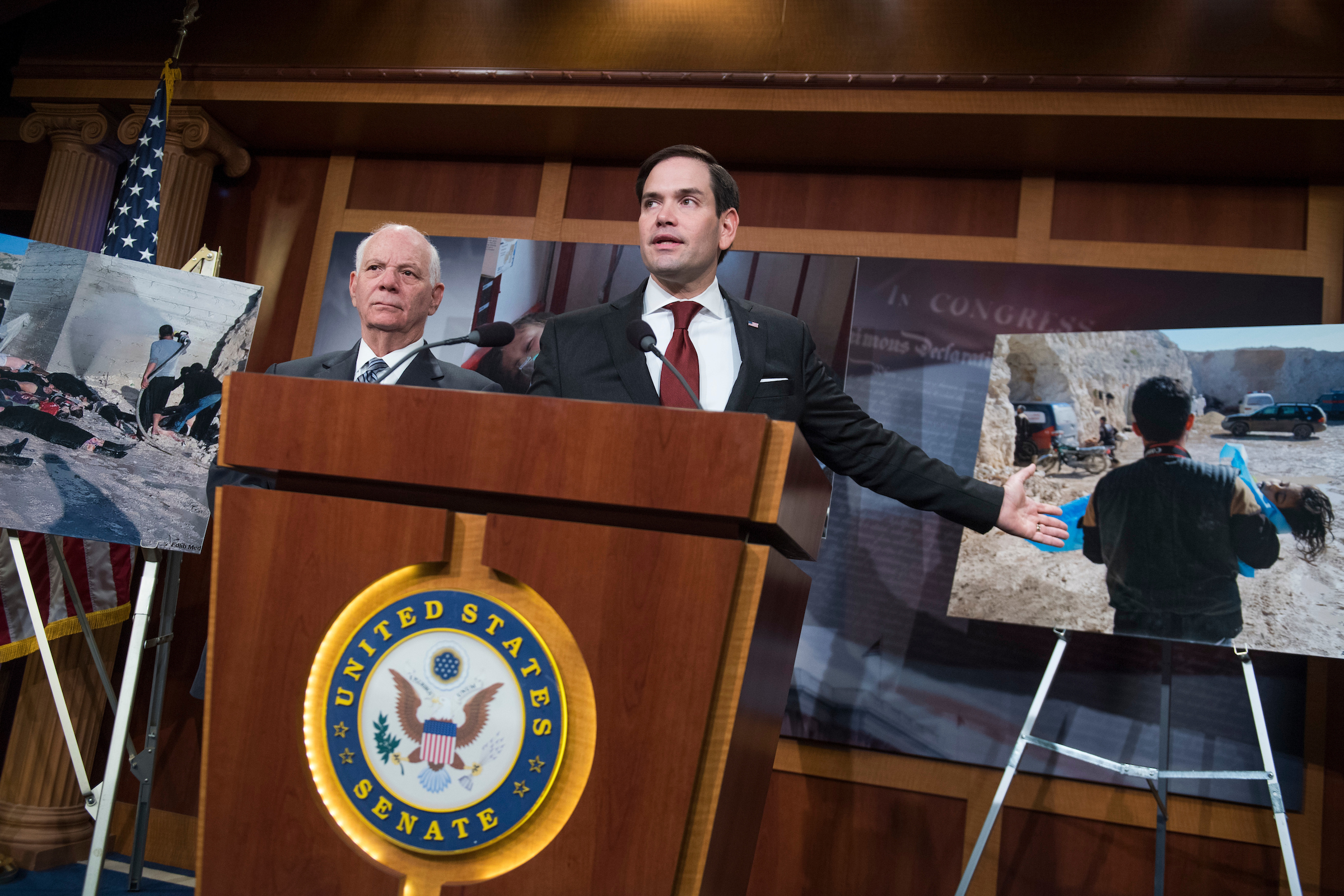 Sens. Marco Rubio, R-Fla., right, and Benjamin L. Cardin, D-Md., conduct a news conference Wednesday in the Capitol to decry the recent use chemical weapons that they say Syrian President Bashar al-Assad used in that country’s civil war. (Tom Williams/CQ Roll Call)