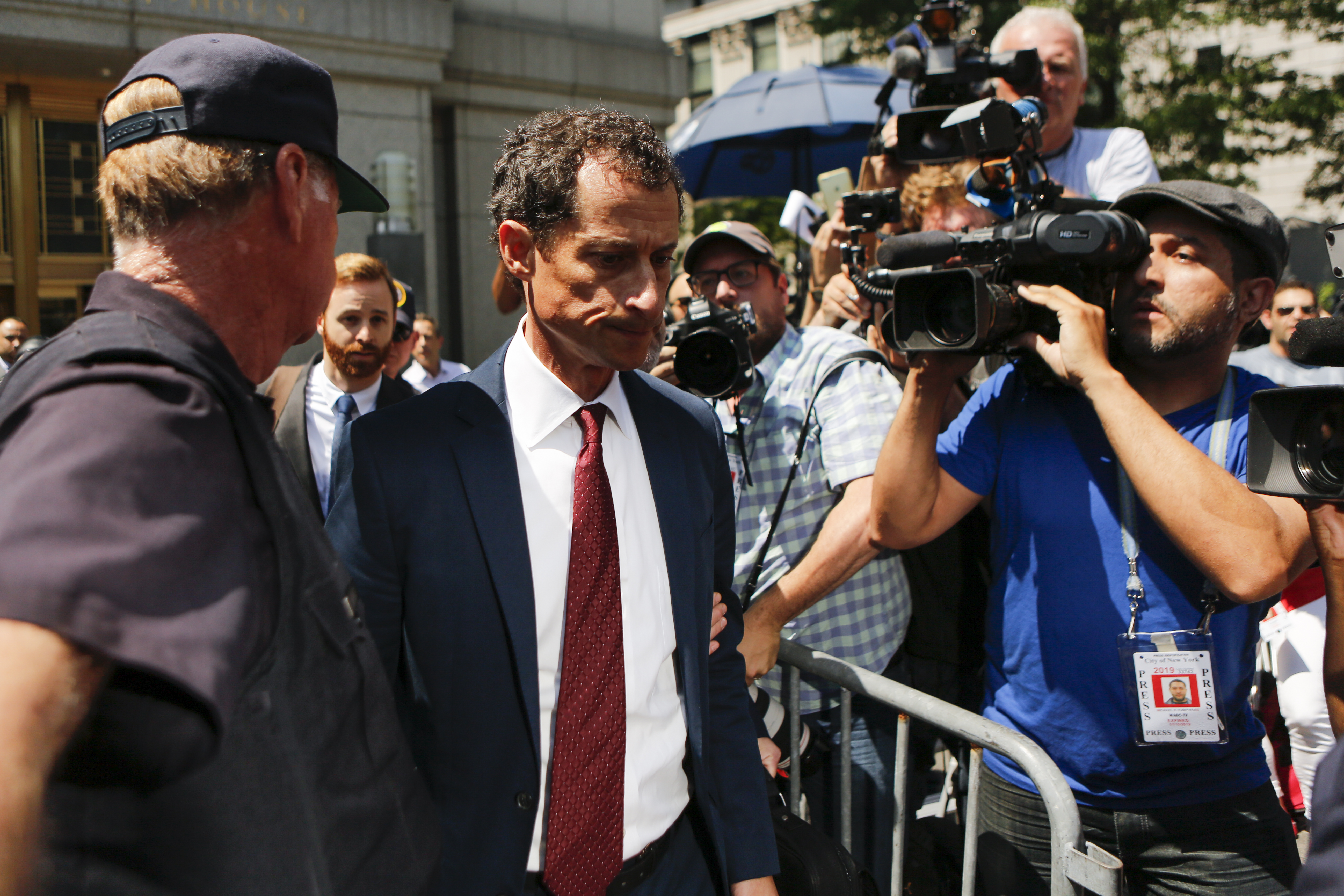 Former Democratic Rep. Anthony Weiner leaves federal court in Manhattan after pleading guilty in sexting case on Friday to charges of transmitting sexual material to a minor. (Eduardo Munoz Alvarez/Getty Images)