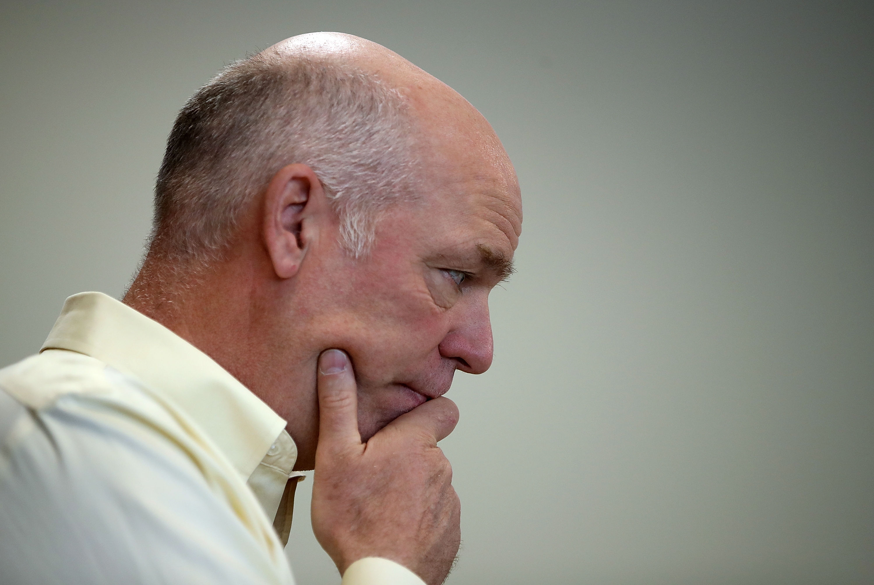 Republican congressional candidate Greg Gianforte looks on during a campaign meet and greet in Missoula, Mont., on Wednesday. Gianforte was later charged with assault after he allegedly attacked a reporter. (Justin Sullivan/Getty Images)