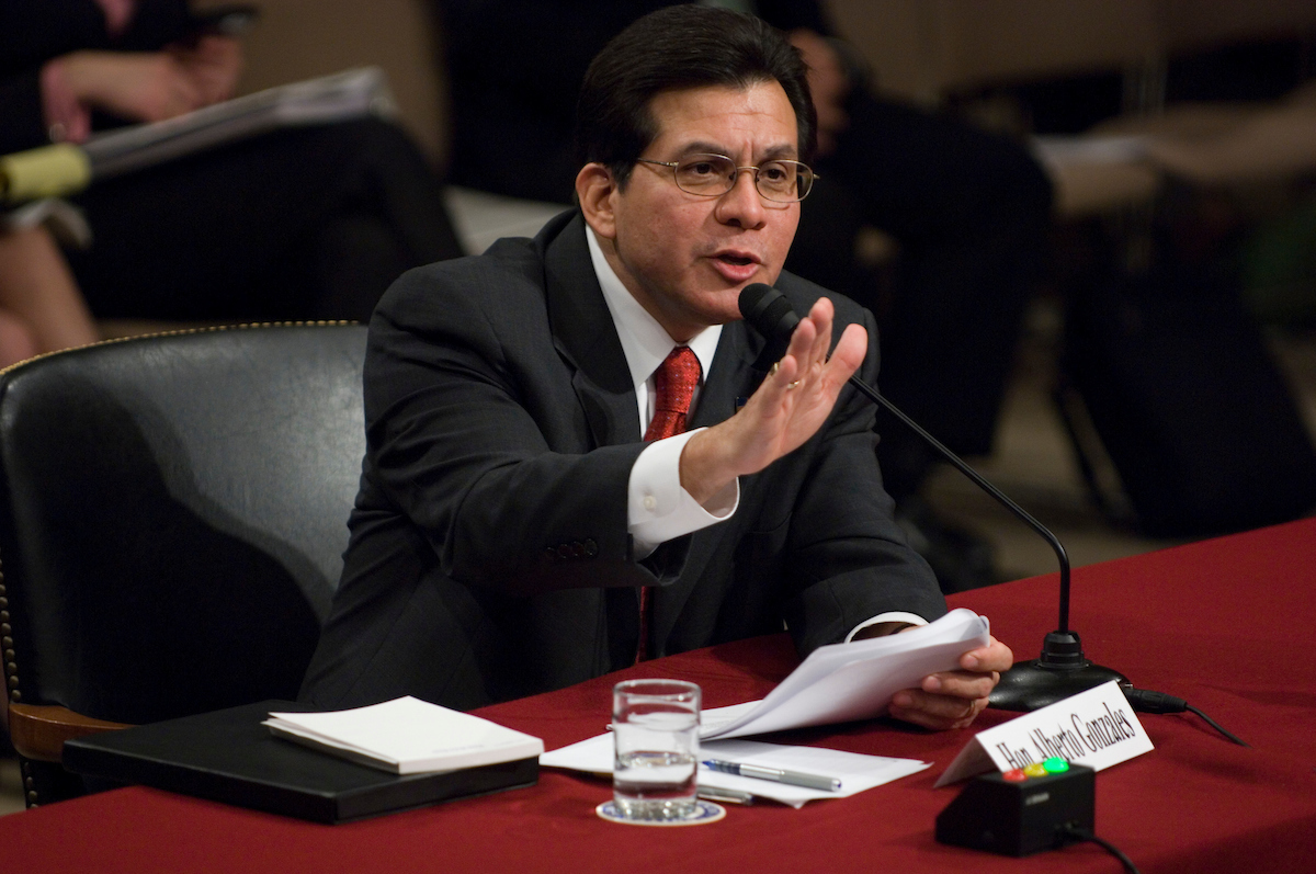 Attorney General Alberto Gonzales testifies during the Senate Judiciary Committee hearing investigating the firing of several U.S. Attorneys on Thursday, April 19, 2007.