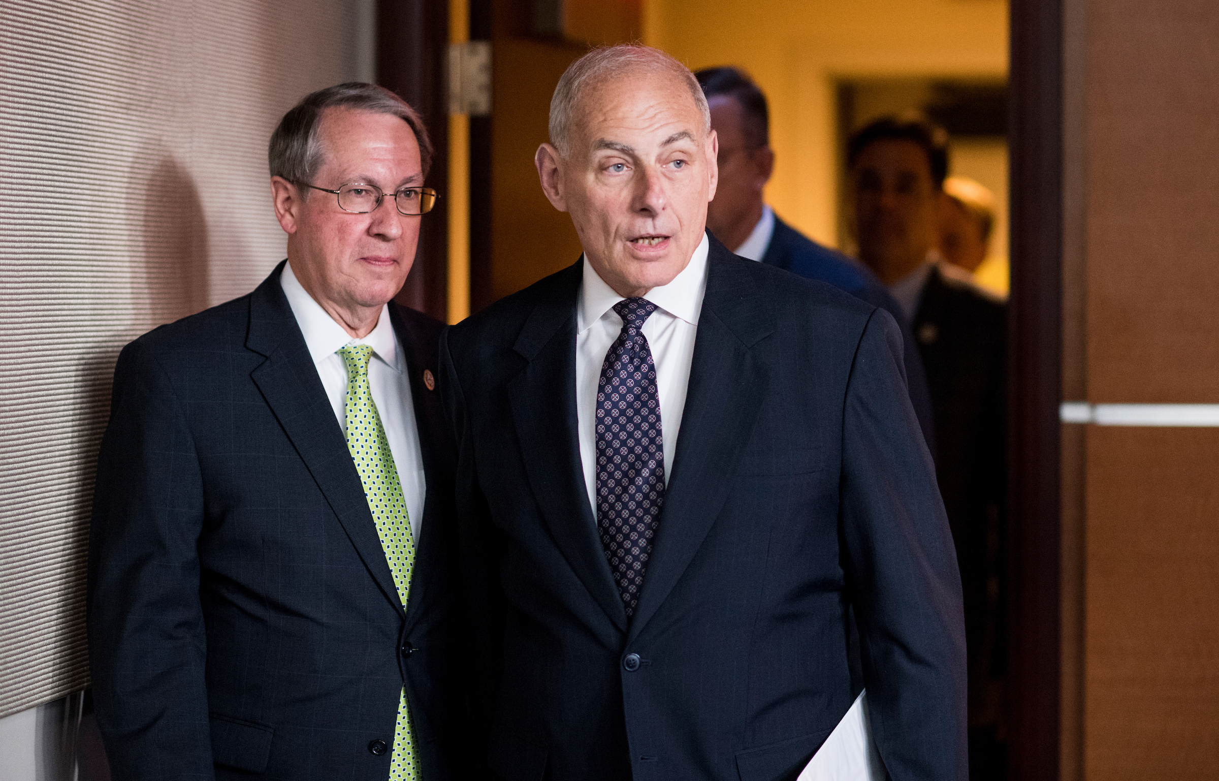 House Judiciary Chairman Robert W. Goodlatte, left, and Homeland Security Secretary John F. Kelly arrive to address immigration legislation at a news conference in the Capitol on Thursday. (Bill Clark/CQ Roll Call)