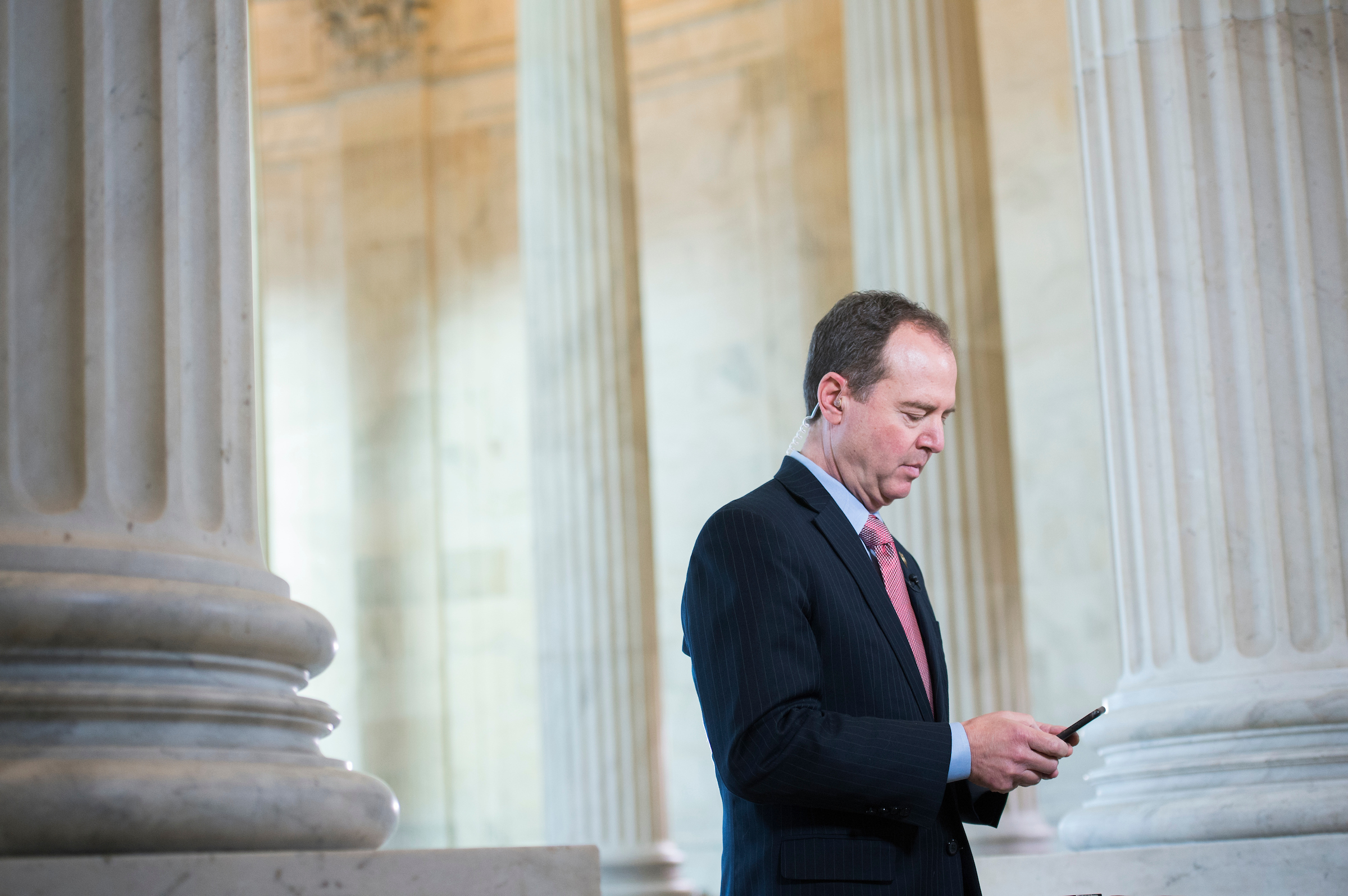 Rep. Adam Schiff, D-Calif., ranking member of the House Intelligence Committee, prepares for a television interview in Russell Building. (Tom Williams/CQ Roll Call file photo)