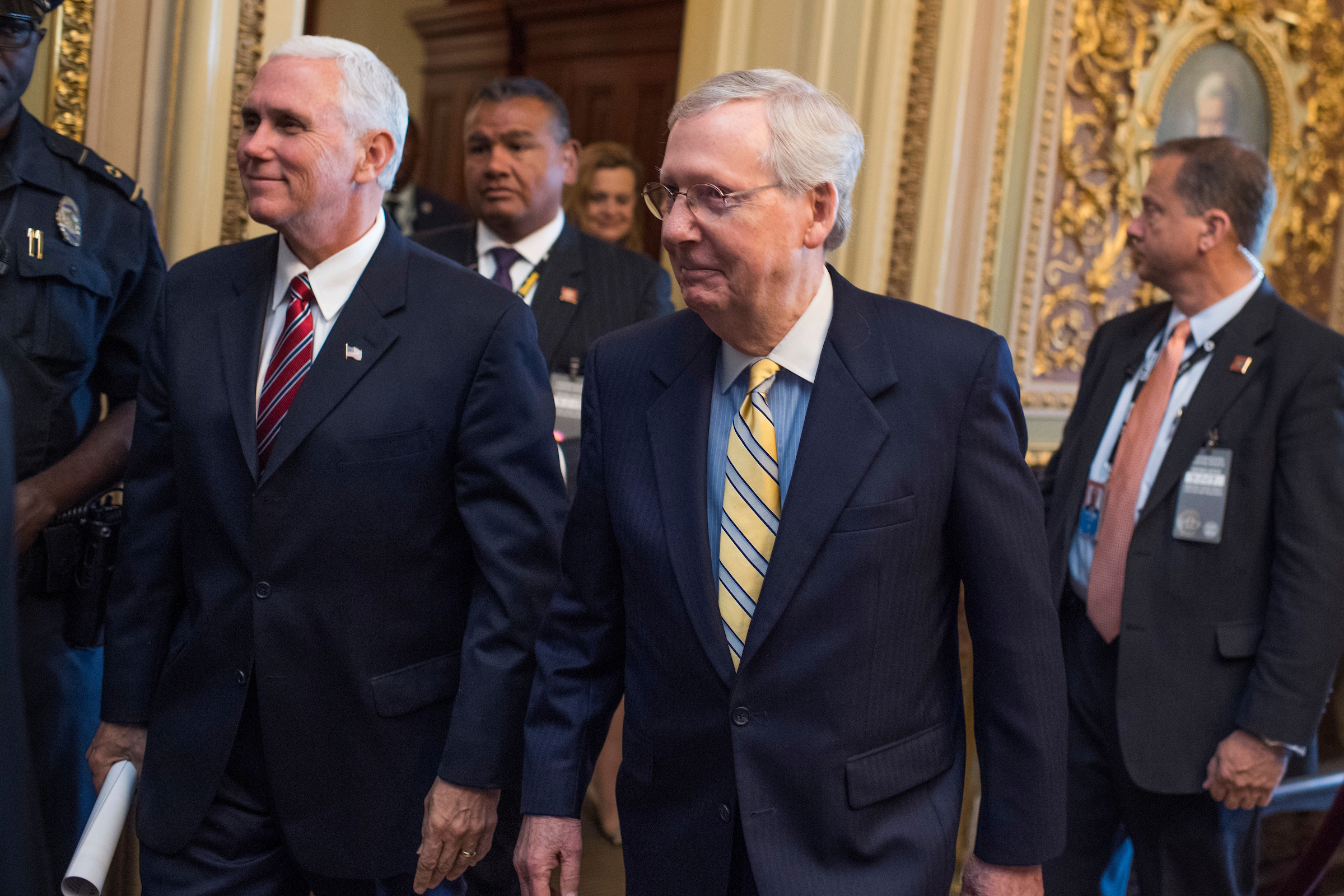 Senate Majority Leader Mitch McConnell, R-Ky., right, and Vice President Mike Pence are still looking for the GOP votes to advance their legislation to redo the U.S. health insurance system. (Tom Williams/CQ Roll Call)