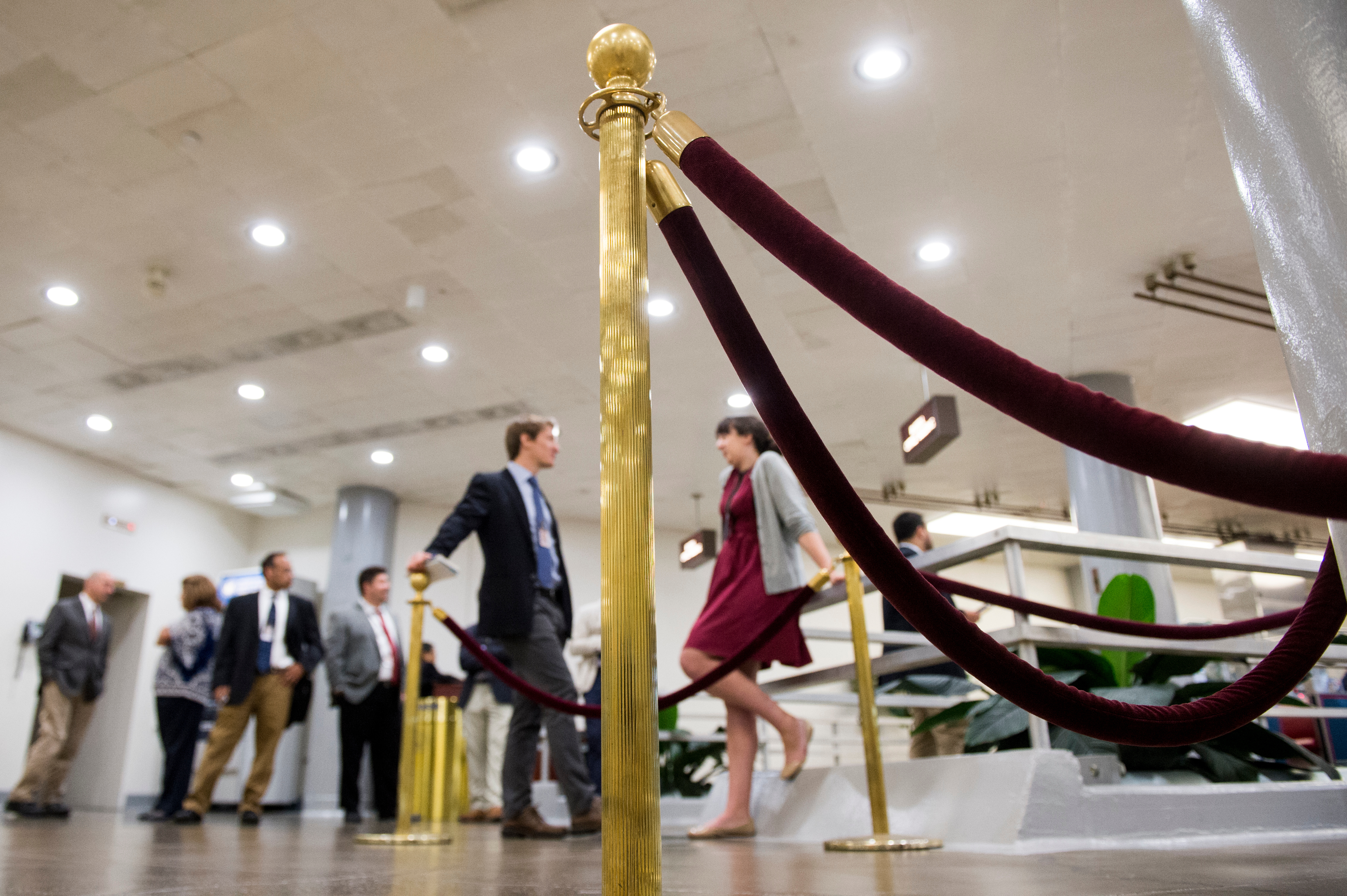 Ropes and stanchions have been set up in the area of the Senate subway stop in the U.S. Capitol to help control the growing crowds of reporters. (Bill Clark/CQ Roll Call)