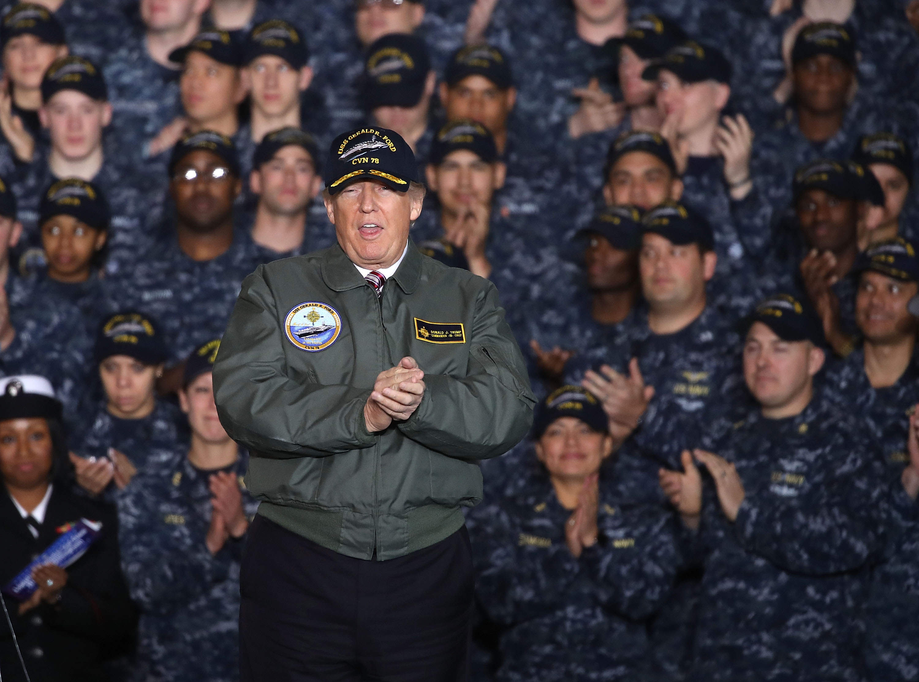 President Donald Trump, here aboard the USS Gerald R. Ford in March, lashed out at Democrats over what he says is their intent to "delay" his national security policies. (Mark Wilson/Getty Images file photo)