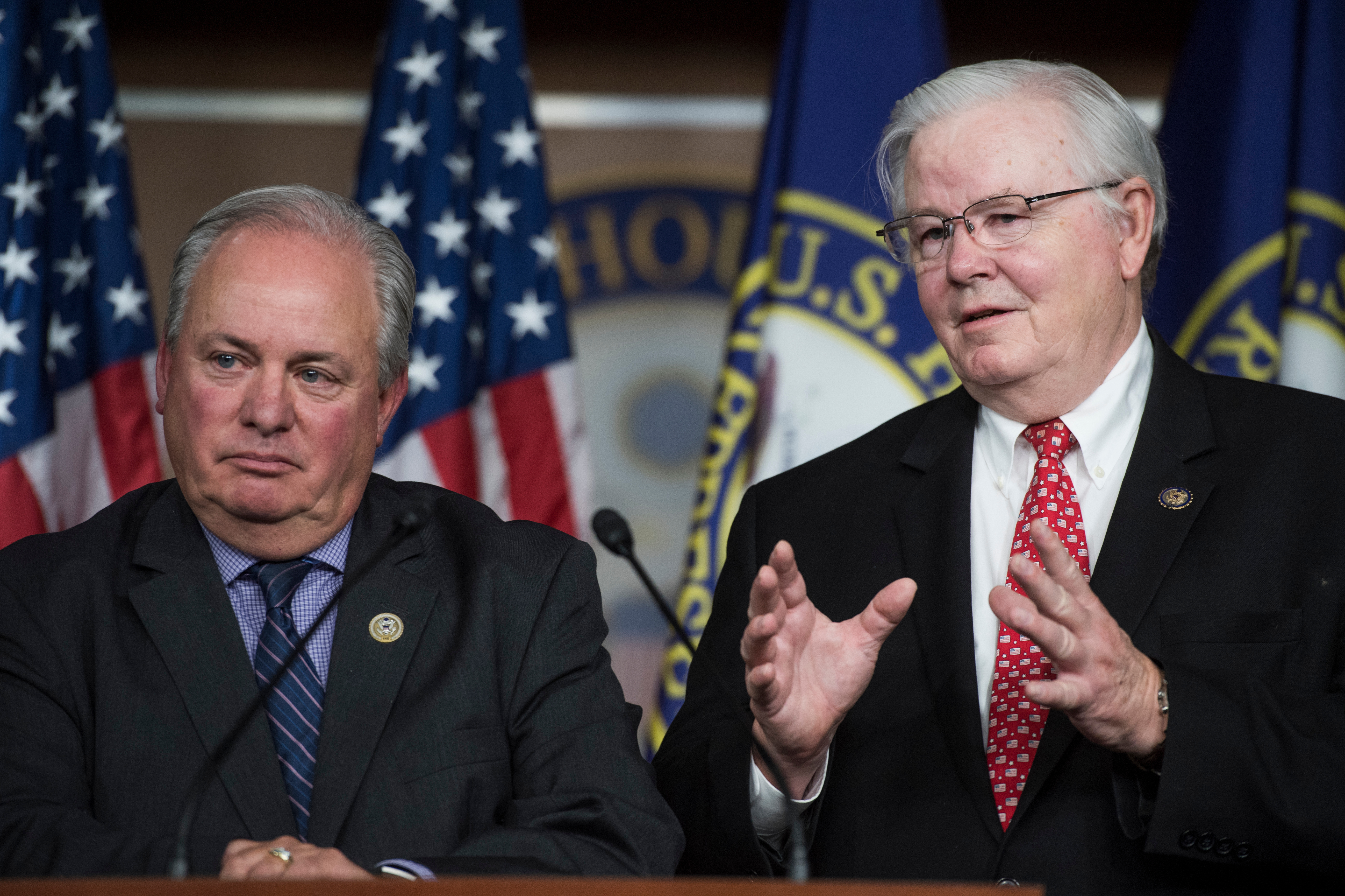 Congressional baseball coaches, Reps. Mike Doyle of Pennsylvania, left, and Joe L. Barton of Texas have teamed up on a bill to help Capitol Police officers injured in the line of duty. (Tom Williams/CQ Roll Call file photo)