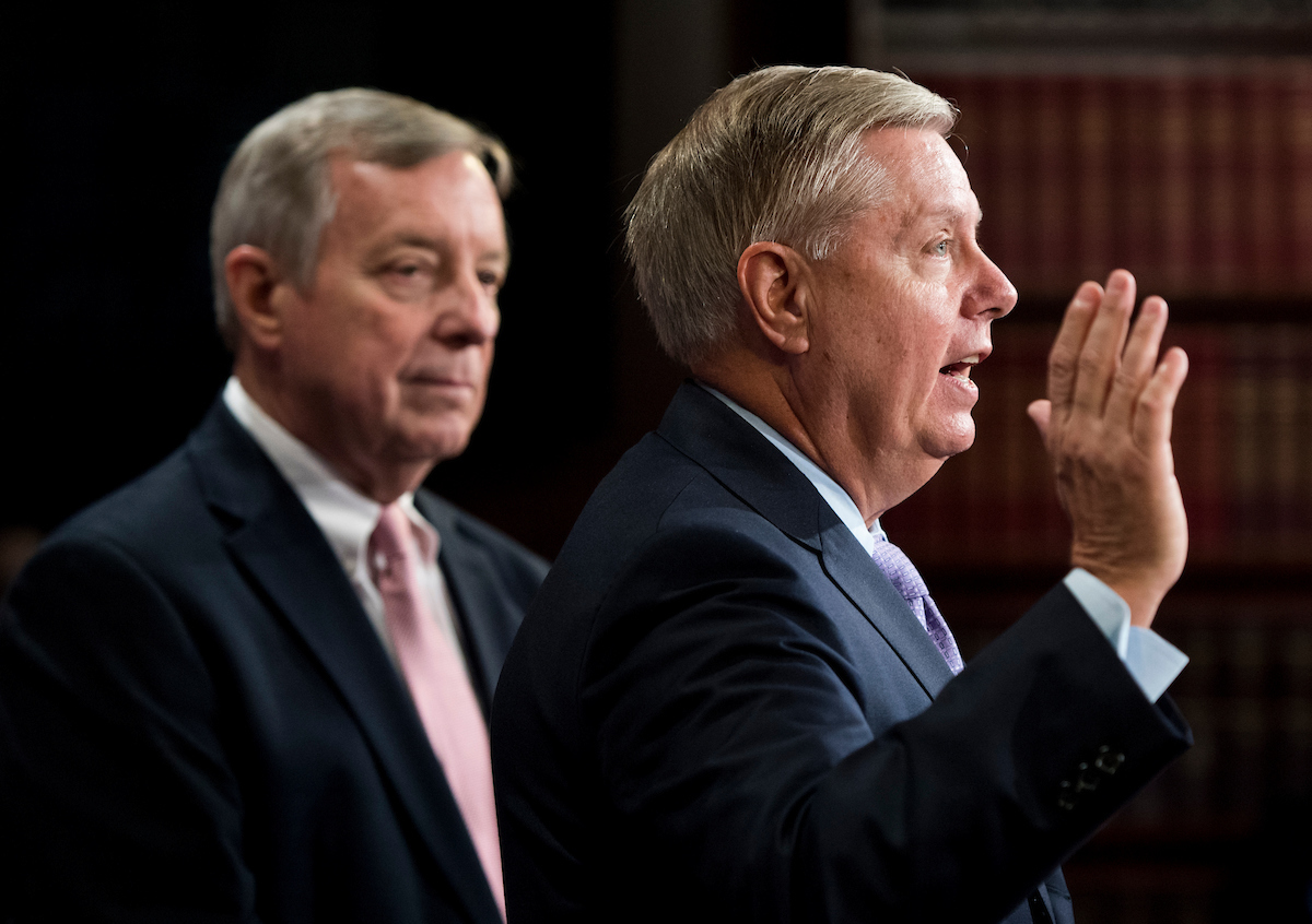 Sens. Lindsey Graham and Richard J. Durbin held a news conference to discuss the bipartisan “Dream Act of 2017" in the Capitol on Thursday. (Bill Clark/CQ Roll Call)