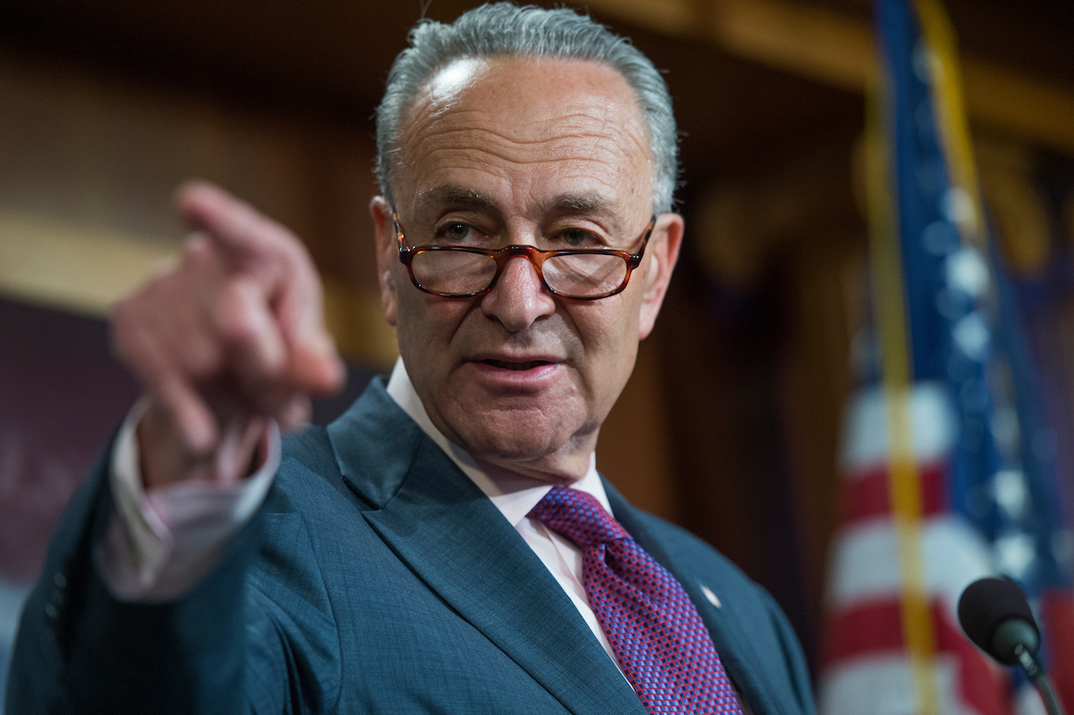 Senate Minority Leader Charles Schumer, D-N.Y., conducts a news conference in the Capitol to discuss the defeat of the Republicans’ healthcare bill. (Tom Williams/CQ Roll Call)