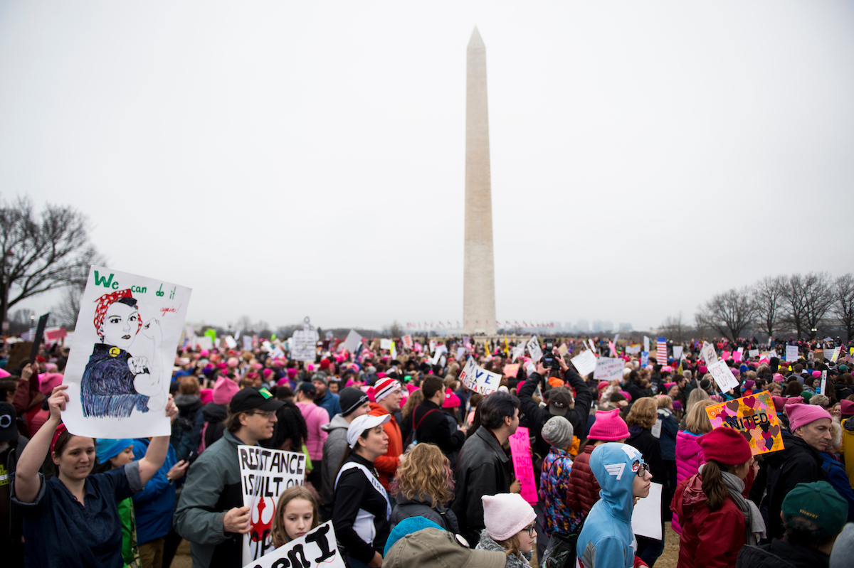 Protesters march up 14th Street past the Washington Monument during the Women’s March on Washington on Saturday, jan. 21, 2017, the day after President Donald Trump’s inauguration. (Bill Clark/CQ Roll Call file photo)