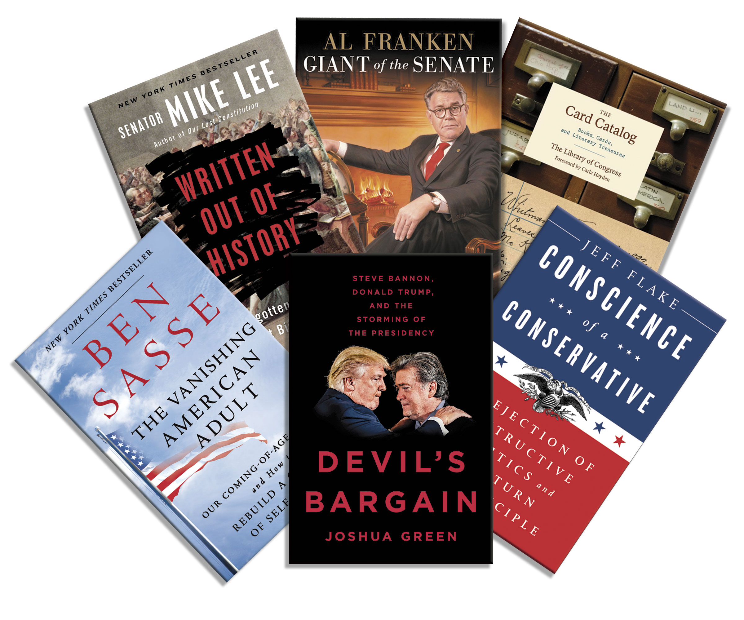 Clockwise from top left, books by Utah Sen. Mike Lee, Minnesota Sen. Al Franken, the Library of Congress, Arizona Sen. Jeff Flake, reporter Joshua Green and Nebraska Sen. Ben Sasse make HOH’s summer reading list. (Courtesy Penguin Random House (Lee, Flake and Green), Hachette Book Group (Franken), Library of Congress, and Macmillan Publishers (Sasse))