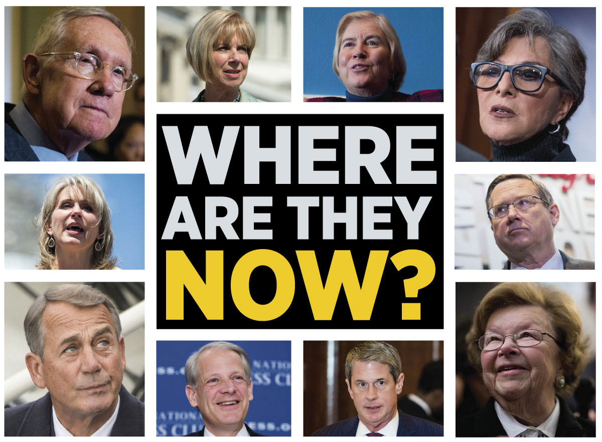 Clockwise from top left: former Senate Democratic leader Harry Reid of Nevada, former Reps. Janice Hahn of California and Candice S. Miller of Michigan, former Sens. Barbara Boxer of California, Mark S. Kirk of Illinois, Barbara A. Mikulski of Maryland and David Vitter of Louisiana, former Rep. Steve Israel of New York, former House Speaker John A. Boehner of Ohio and former Rep. Renee Ellmers of North Carolina. (Bill Clark and Tom Williams/CQ Roll Call File Photos)