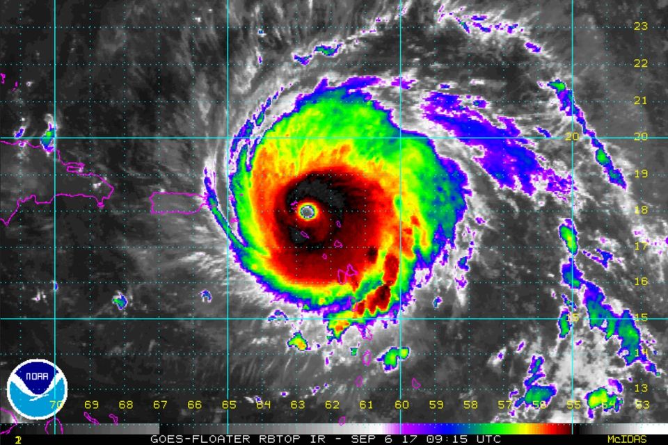 A radar image shows Hurricane Irma, a Category 5 storm, making its way through the Atlantic Ocean. Projections have it affecting Florida this weekend. (NOAA image via Wikimedia Commons)