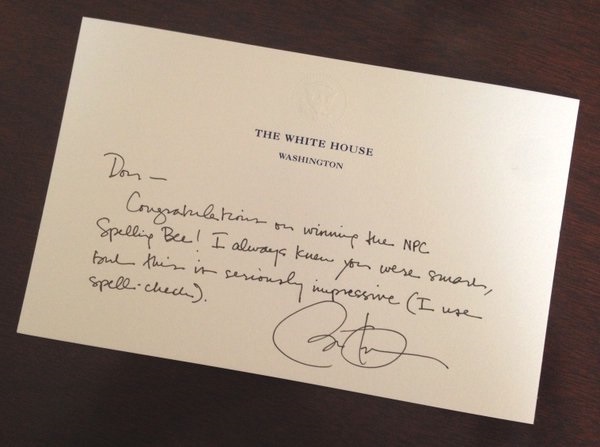 Then-president Barack Obama sent Rep. Don Beyer, D-Va., a letter to congratulate him on winning the 2015 National Press Club spelling bee. (Courtesy Beyer's office)