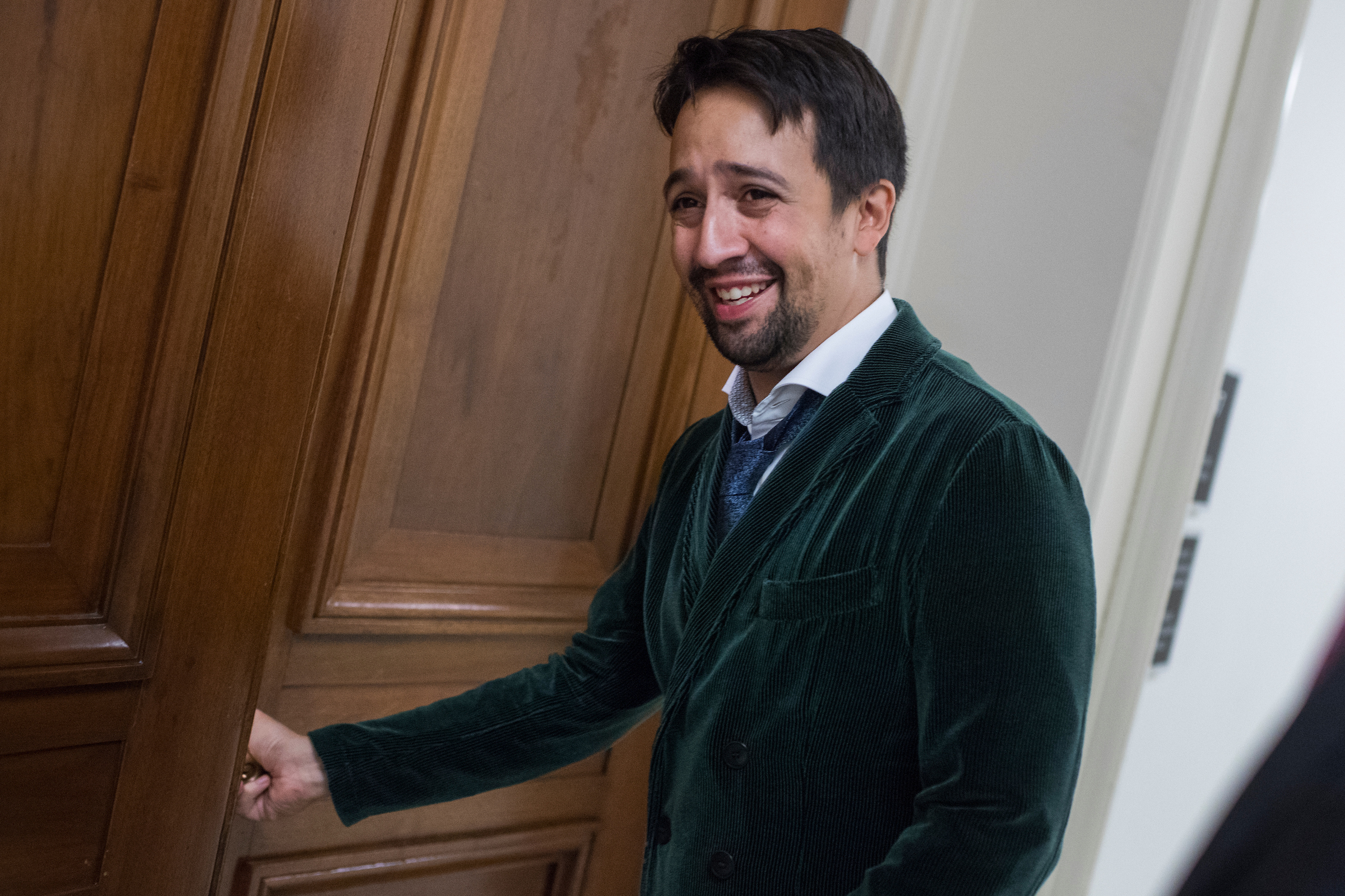 UNITED STATES - SEPTEMBER 13: Lin-Manuel Miranda, creator of the musical Hamilton, makes his way to a meeting at the House Appropriations Subcommittee on Interior, Environment and Related Agencies in Rayburn, during a round of meetings to urge federal funding for the national endowments for the arts and humanities on September 13, 2017. (Photo By Tom Williams/CQ Roll Call)