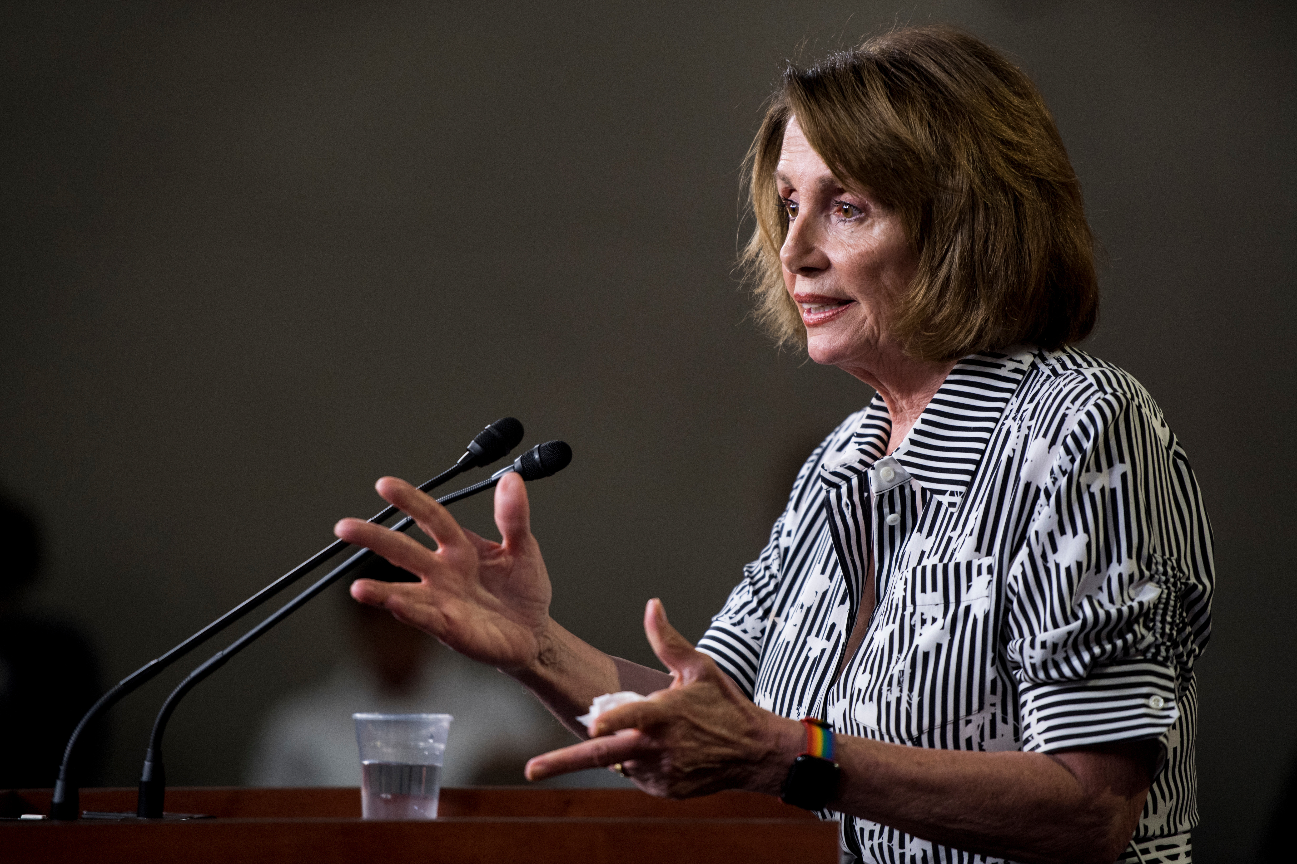 UNITED STATES - JULY 27: House Minority Leader Nancy Pelosi, D-Calif., holds her weekly on camera press conference in the Capitol on Thursday, July 27, 2017. (Photo By Bill Clark/CQ Roll Call)