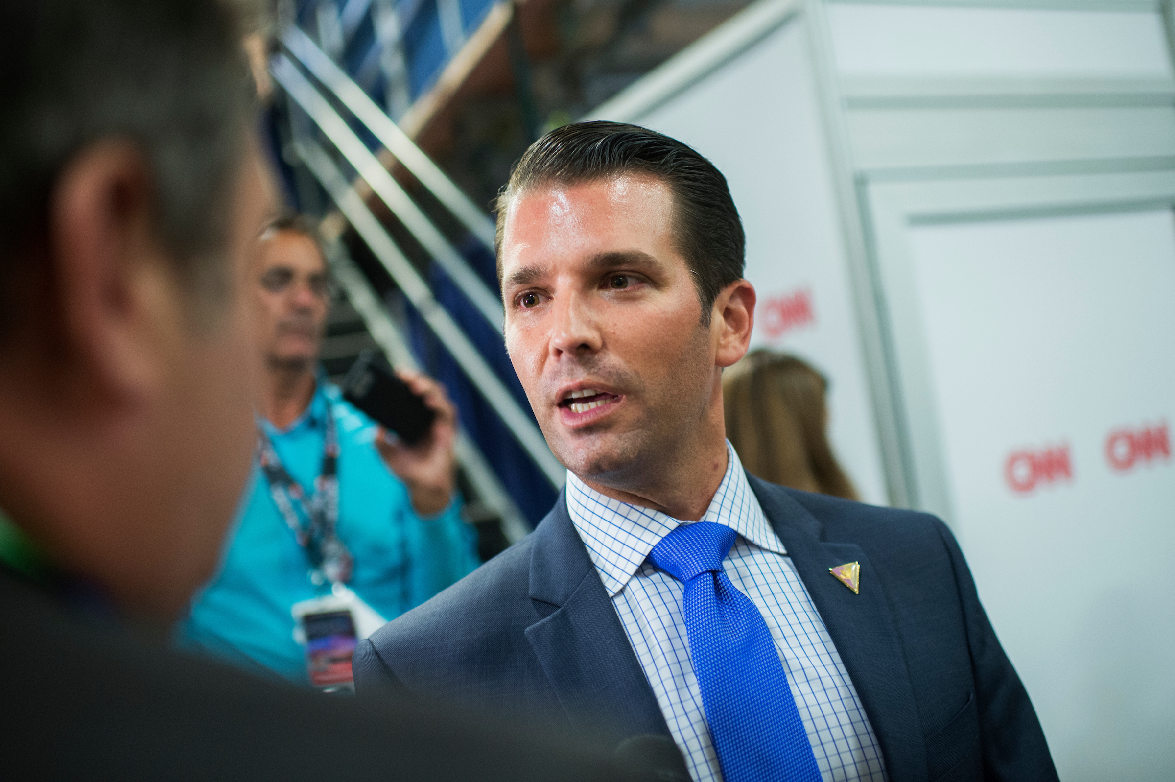 UNITED STATES - JULY 18: Donald Trump Jr., son of presidential candidate Donald Trump is interviewed by CNN's Mark Preston in the Quicken Loans Arena on first day of the Republican National Convention in Cleveland, Ohio, July 18, 2016. (Photo By Tom Williams/CQ Roll Call)