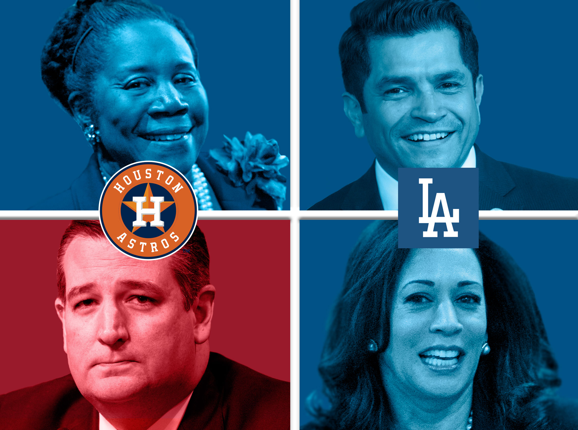 Clockwise from top left, Reps. Sheila Jackson Lee of Texas and Jimmy Gomez of California, and Sens. Kamala Harris of California and Ted Cruz of Texas are involved in some friendly World Series wagers. (Photos by Bill Clark and Tom Williams, composition by Chris Hale/CQ Roll Call)