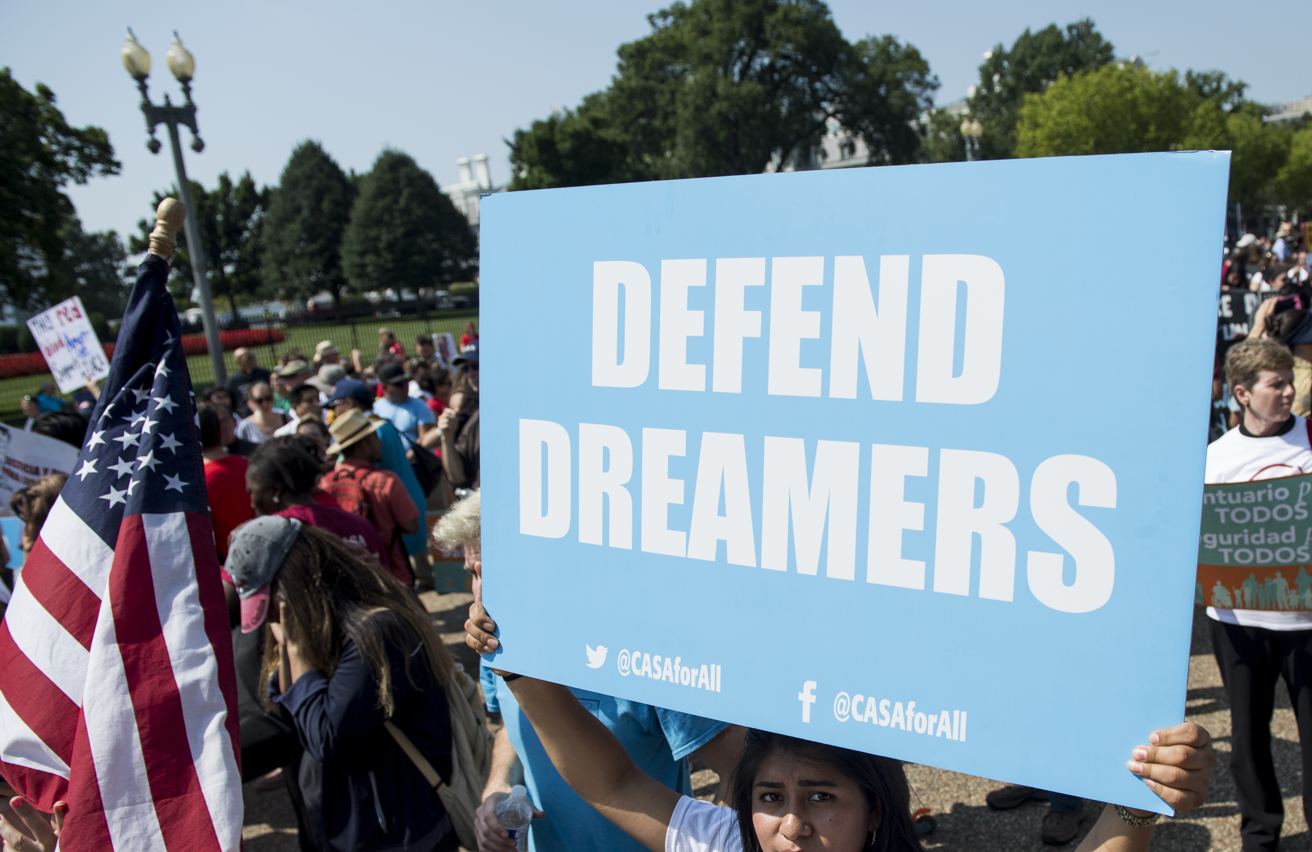 Immigration rights demonstrators prepare to march from the White House to the Trump Hotel and the Justice Department to oppose President Trump’s decision to end the DACA program for “dreamers” on Sept. 5. (Photo By Bill Clark/CQ Roll Call file photo)