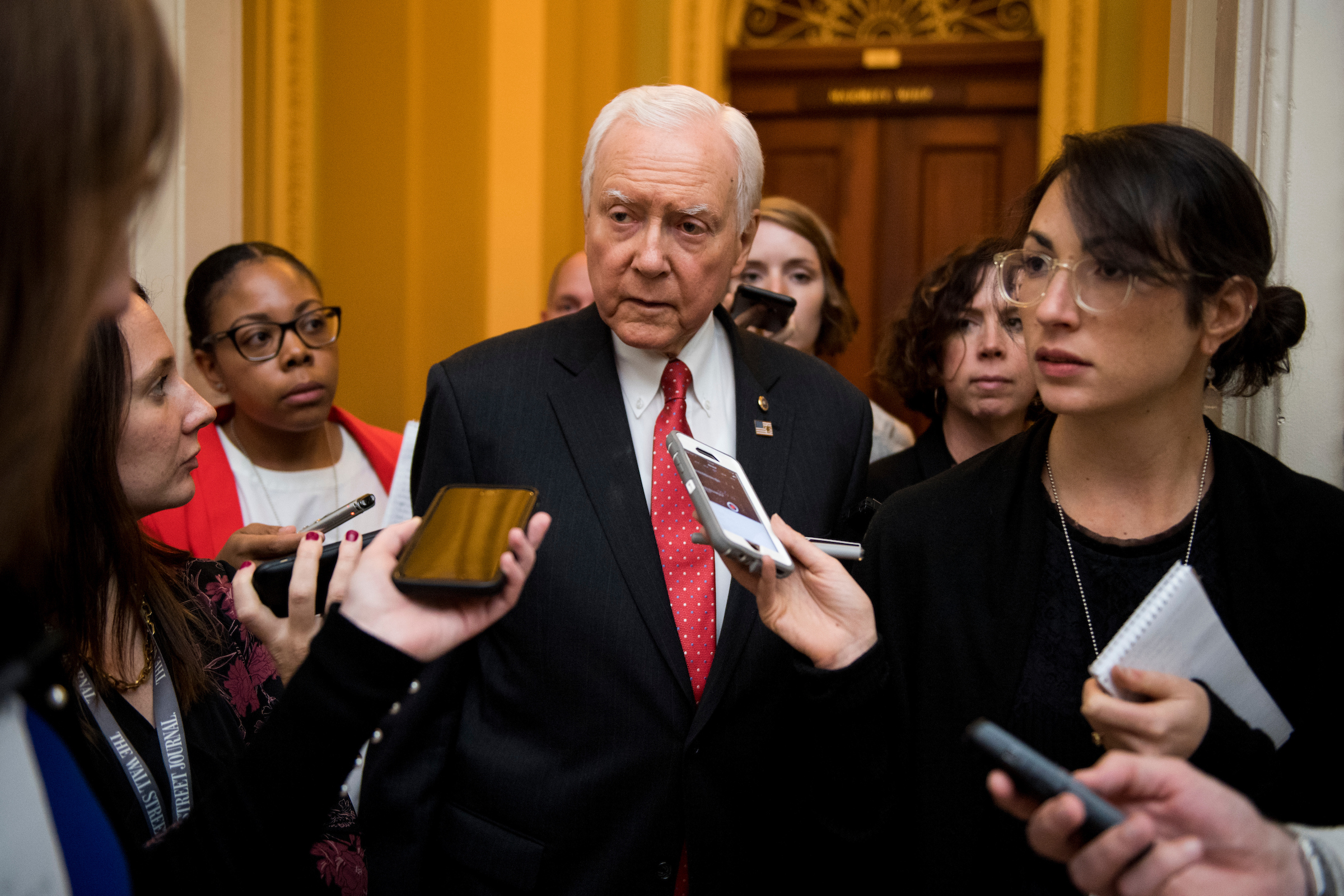 Sen. Orrin Hatch, R-Utah, speaks with reporters as he arrives for lunch with Senate Republicans in the Capitol on Wednesday, Oct. 18, 2017. (Bill Clark/CQ Roll Call file photo)