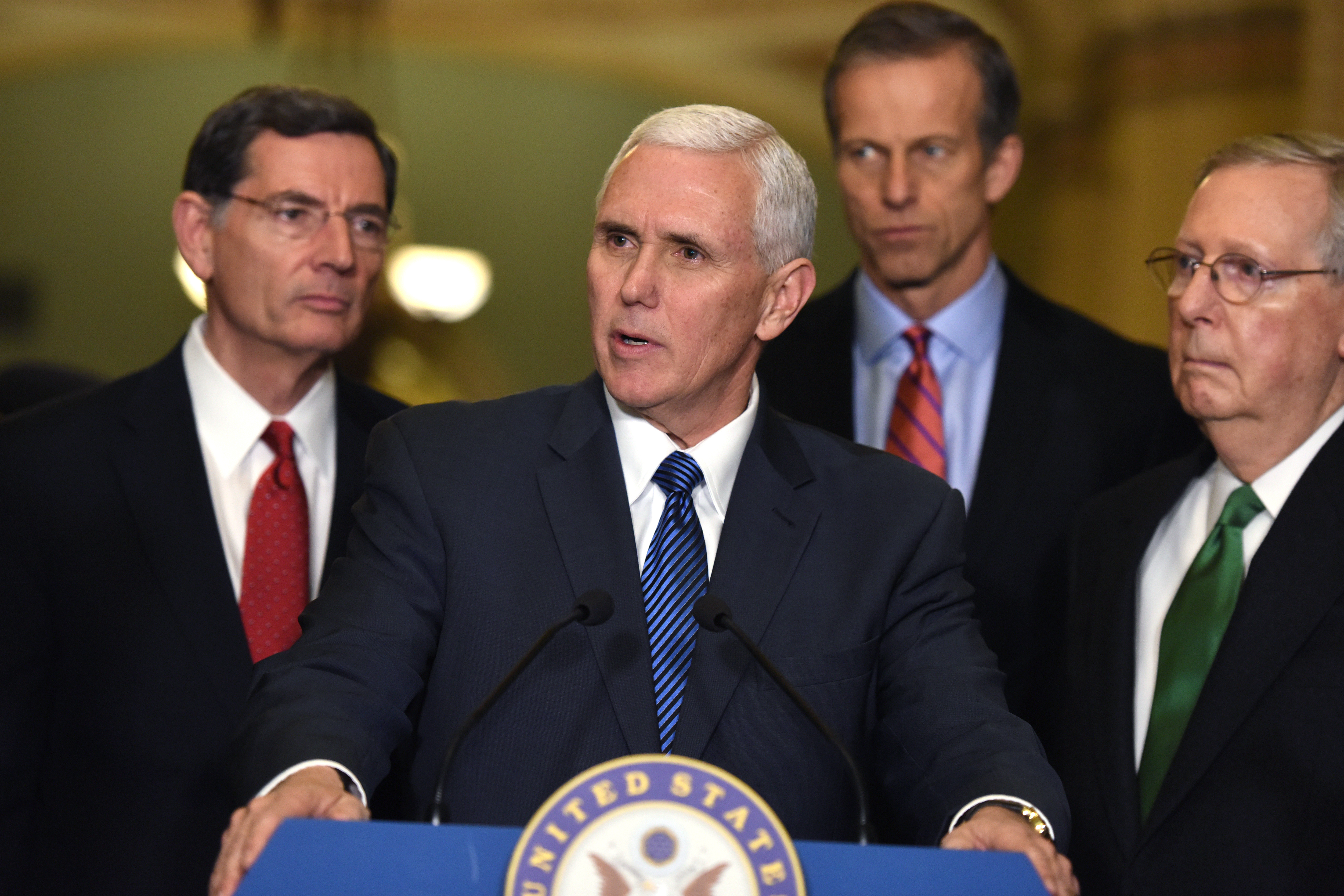 Vice President Mike Pence conducts a news conference after the Senate Policy luncheon in the Capitol in March. On Friday, he delivered a warning to North Korea after seeing U.S. nuclear weapons. (Tom Williams/CQ Roll Call file photo)