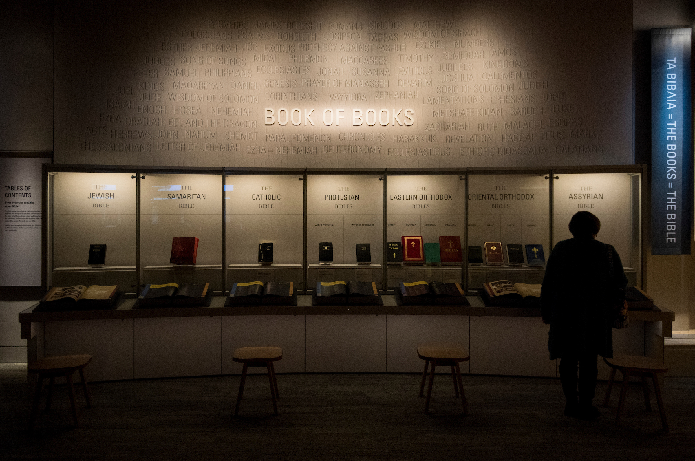 UNITED STATES - NOVEMBER 15: A visitor looks at a display of bibles at the Museum of the Bible on Wednesday, Nov. 15, 2017. (Photo By Bill Clark/CQ Roll Call)