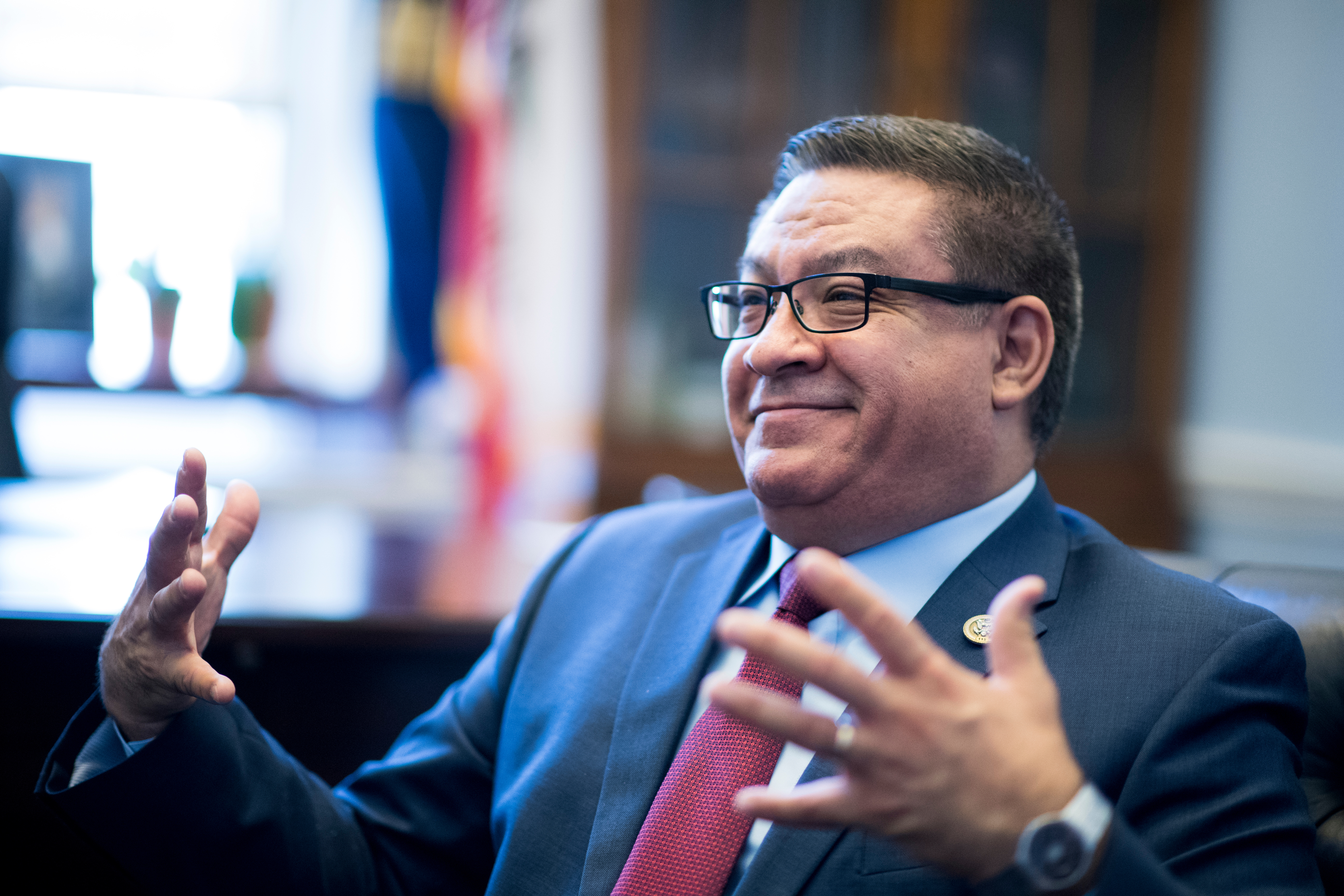 UNITED STATES - OCTOBER 25: Rep. Salud Carbajal, D-Calif., speaks to Roll Call in his office on Capitol Hill on Wednesday, Oct. 25, 2017. (Photo By Bill Clark/CQ Roll Call)