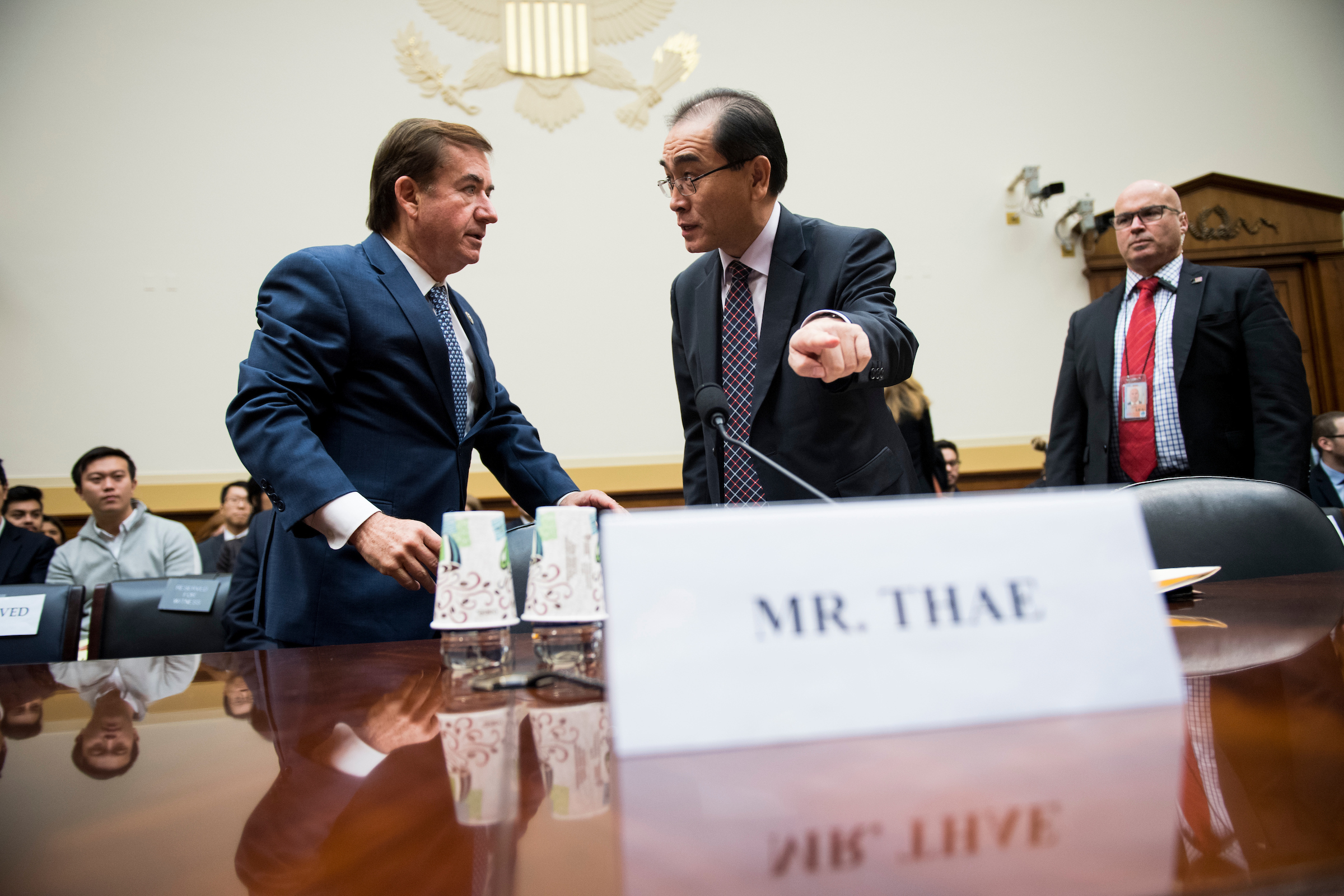 UNITED STATES - NOVEMBER 1: Chairman Ed Royce, R-Calif., left, welcomes North Korean defector Thae Yong-ho, former North Korean Deputy Chief of Mission in the United Kingdom, to the House Foreign Affairs Committee hearing on