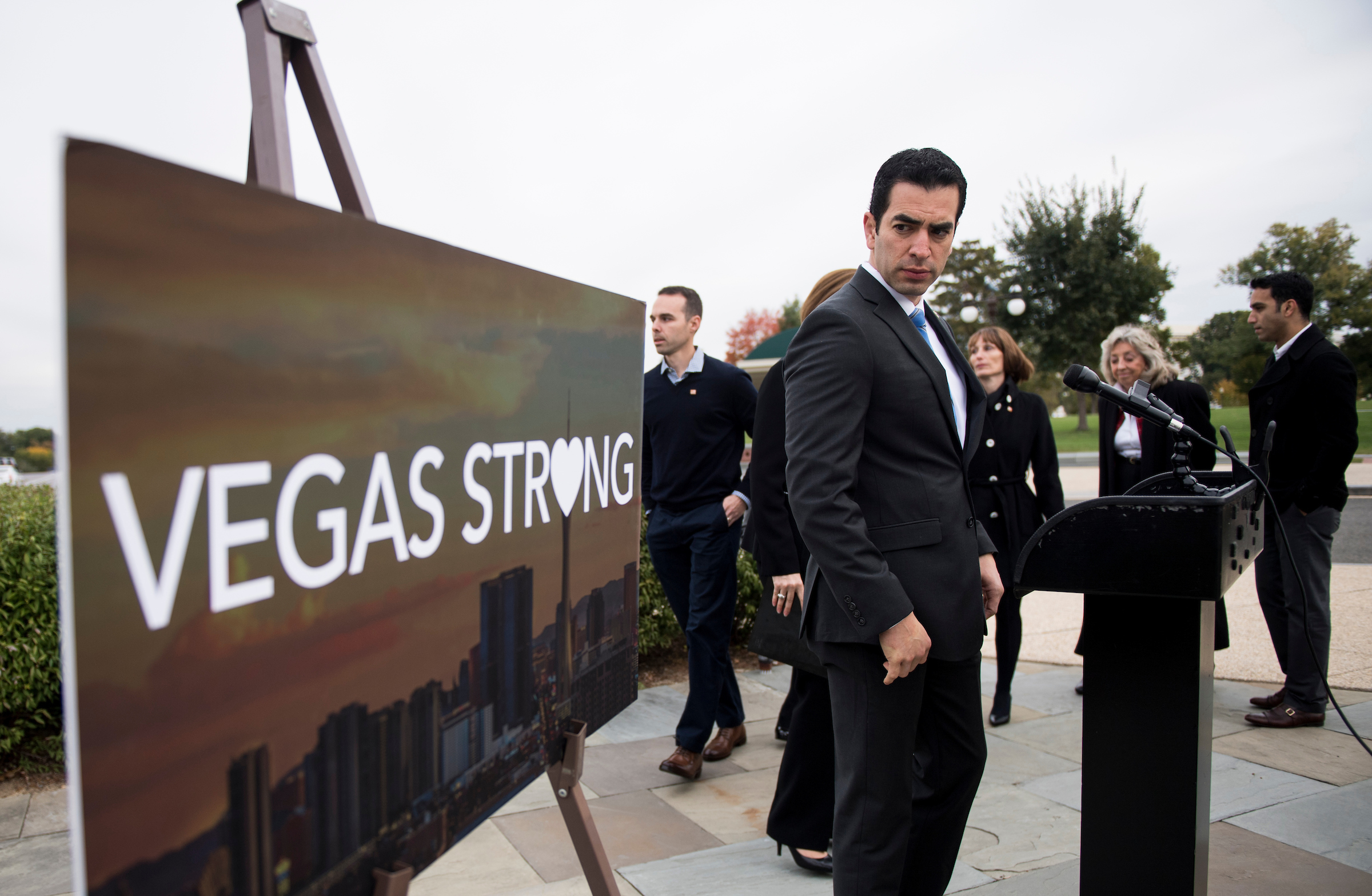 UNITED STATES - NOVEMBER 1: Rep. Ruben Kihuen, D-Nev., holds a news conference with Las Vegas shooting survivors and Nevada Democrats at the Capitol on Wednesday, Nov. 1, 2017, to call on House Judiciary chairman Bob Goodlatte to hold a hearing and examine the use and legality of “bump stocks.” (Photo By Bill Clark/CQ Roll Call)