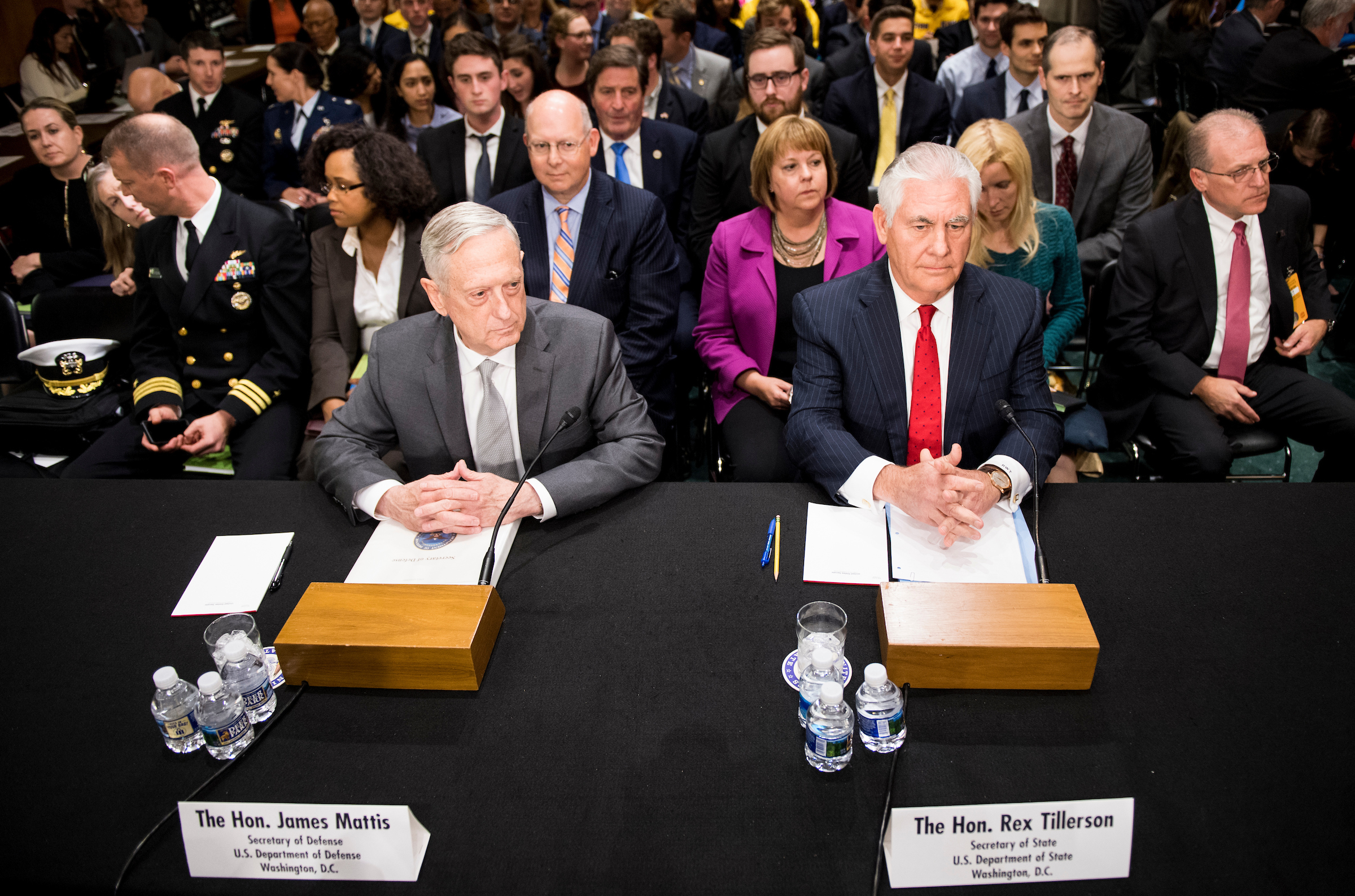 UNITED STATES - OCTOBER 30: Secretary of Defense James Mattis, left, and Secretary of State Rex Tillerson take their seats to testify during the Senate Foreign Relations Committee hearing on