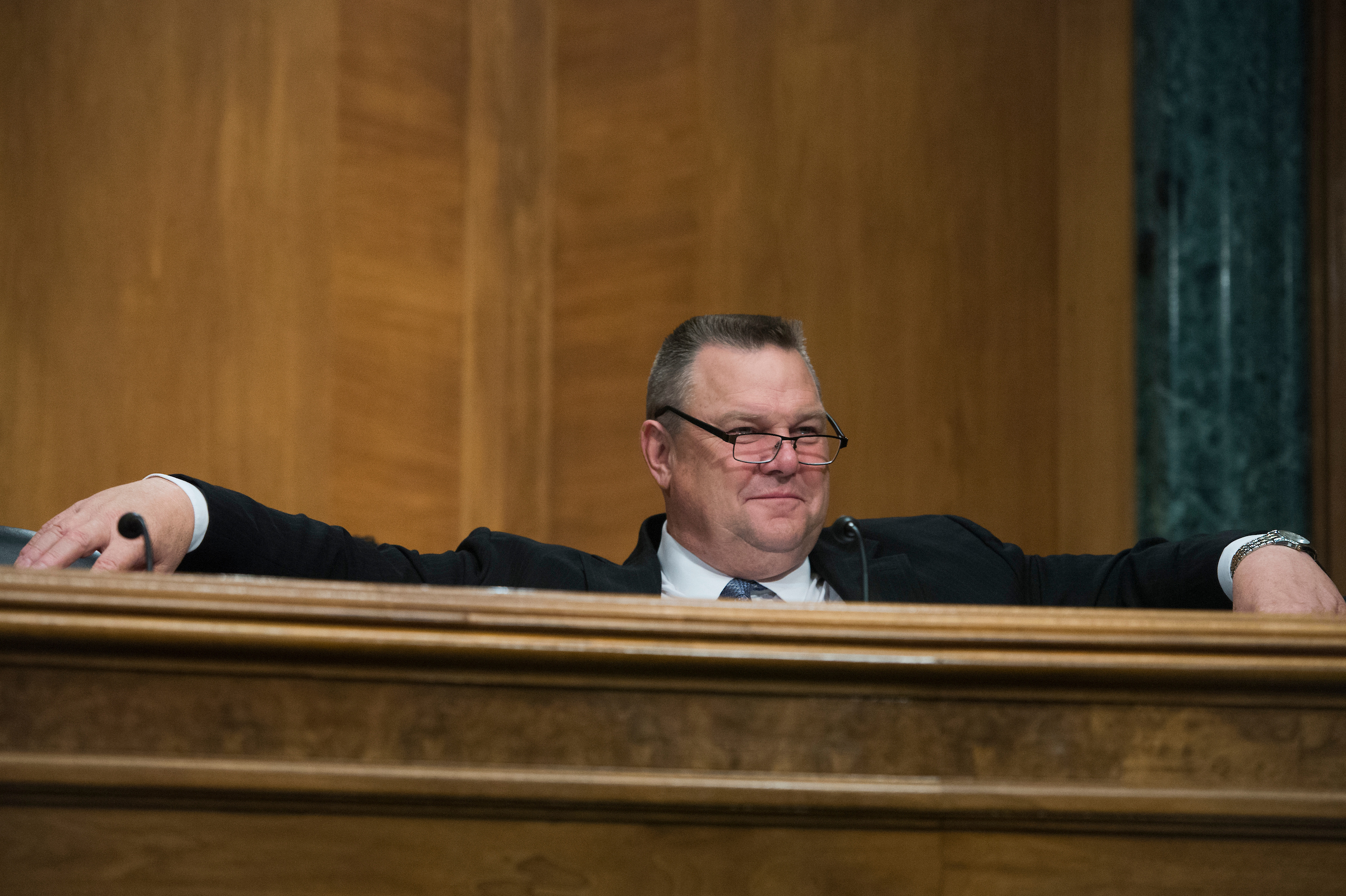 UNITED STATES - NOVEMBER 01: Sen. Jon Tester, D-Mont., attends a Senate Banking, Housing and Urban Affairs Committee hearing in Dirksen Building on Export-Import Bank nominations on November 1, 2017. (Photo By Tom Williams/CQ Roll Call)