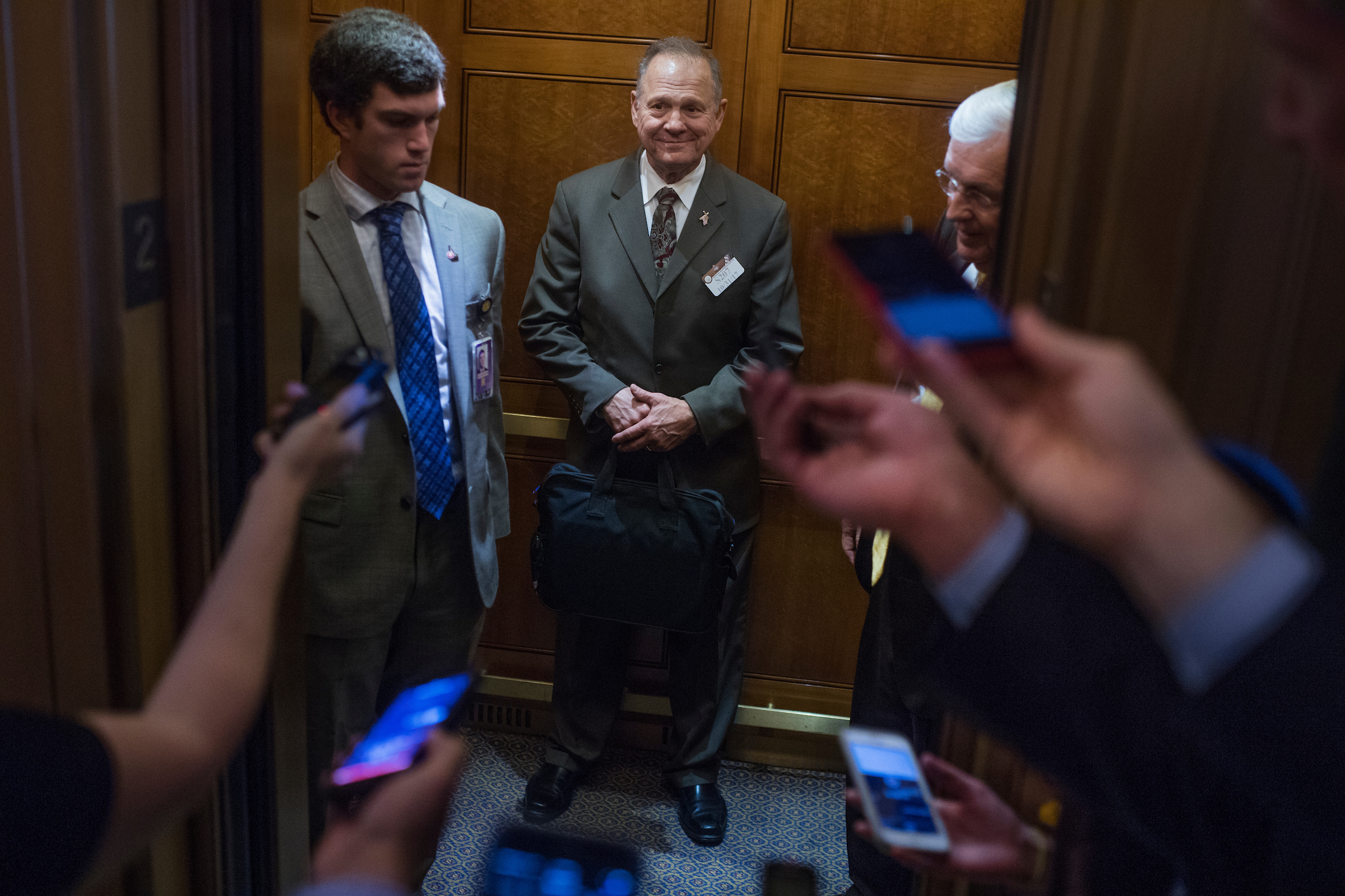 UNITED STATES - OCTOBER 31: Alabama Republican Senate nominee Roy Moore, is questioned by the media in the Capitol on October 31, 2017. (Photo By Tom Williams/CQ Roll Call)