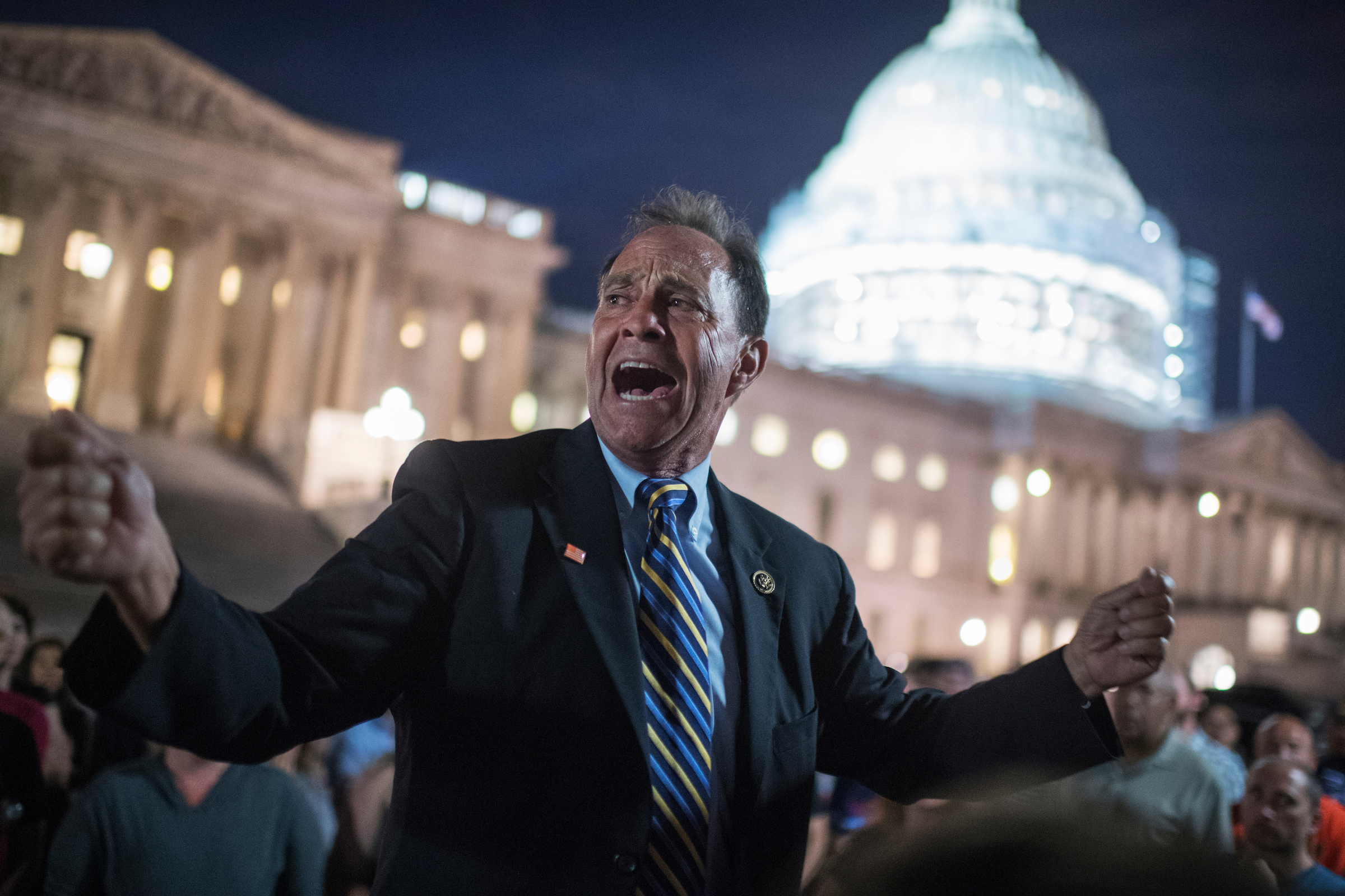 UNITED STATES - JUNE 23: Rep. Ed Perlmutter, D-Colo., addresses demonstrators on the East Front of the Capitol who gathered to show solidarity with House Democrats' sit-in on the floor calling on Republicans to allow votes on gun violence legislation, June 23, 2016. (Photo By Tom Williams/CQ Roll Call)