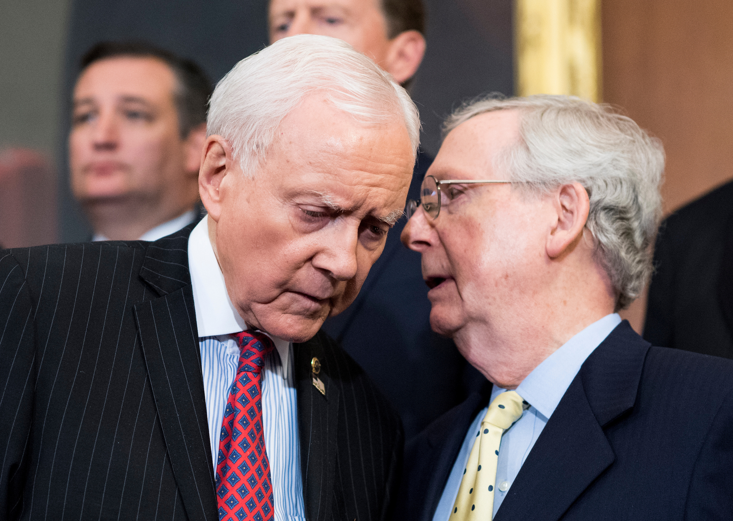 Senate Finance Chairman Orrin G. Hatch, R-Utah, left, speaks with Senate Majority Leader Mitch McConnell, R-Ky., are preparing to unveil a tax overhaul bill after the House introduces its version. (Bill Clark/CQ Roll Call file photo)