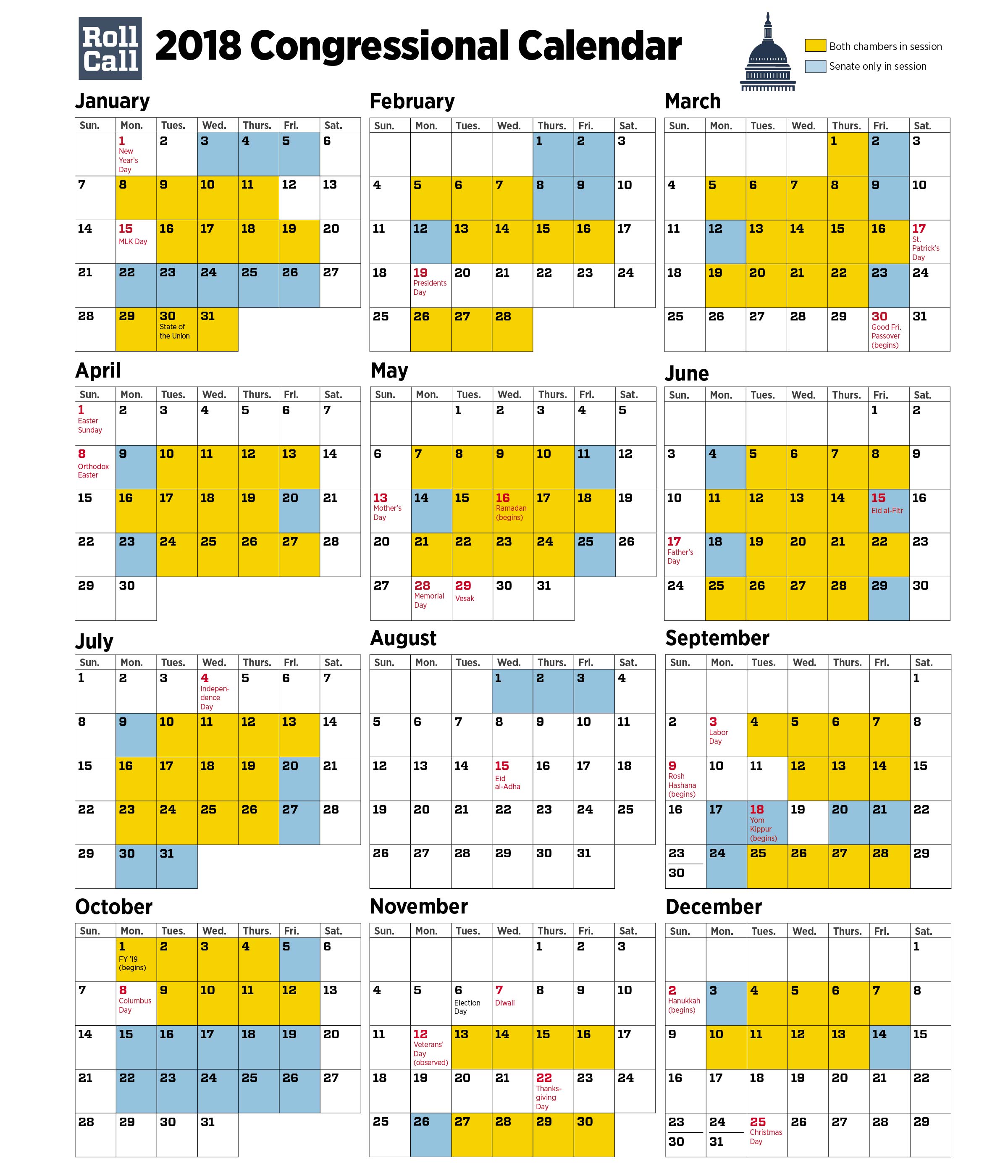 2018 Congressional Calendar Senators Plan More Work Days Than House