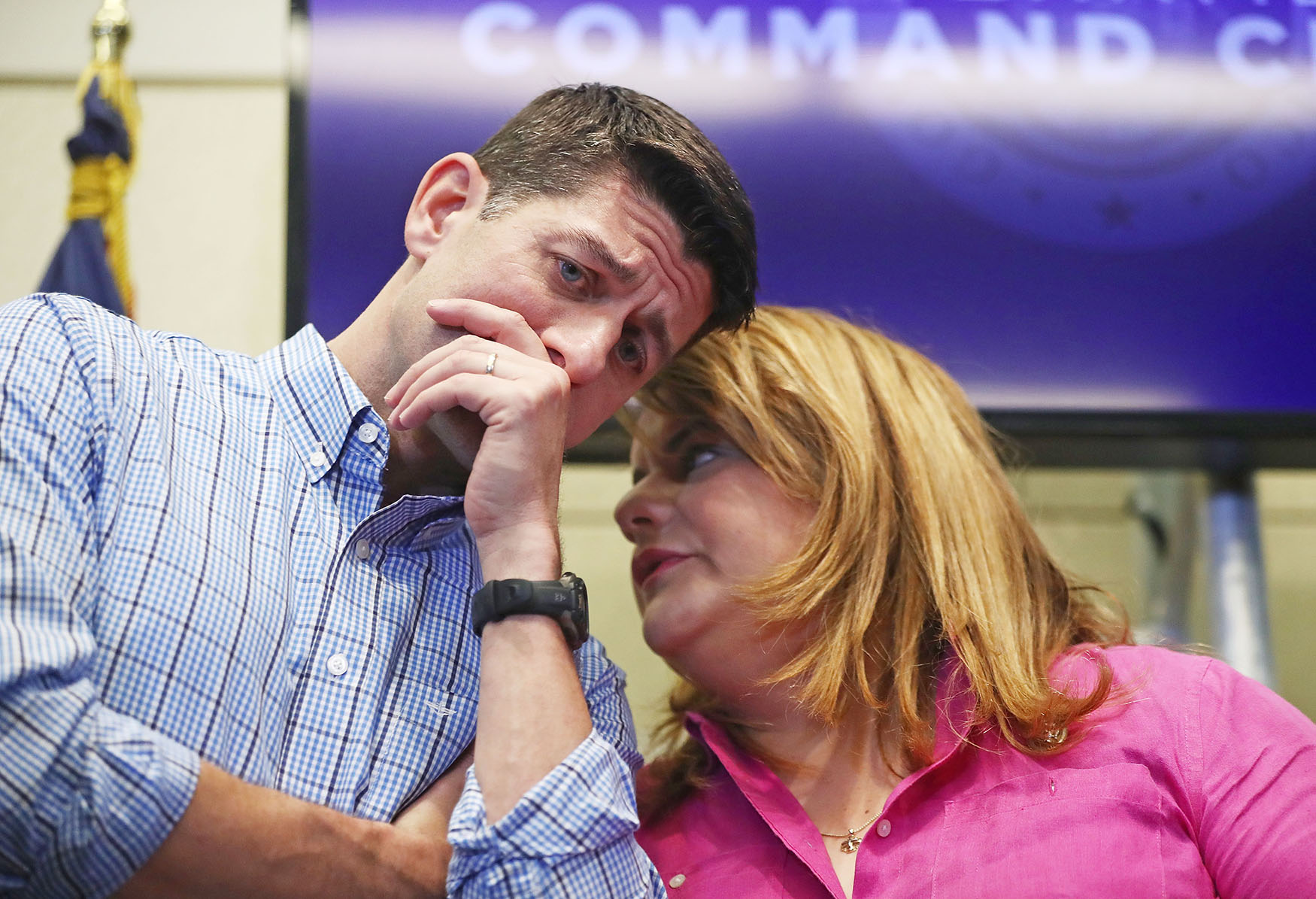 House Speaker Paul D. Ryan speaks with Puerto Rico Res. Cmmsr. Jenniffer González-Colón at a press conference on Oct. 13 in San Juan. Ryan led a delegation to visit areas damaged by Hurricane Maria. (Mario Tama/Getty Images file photo)