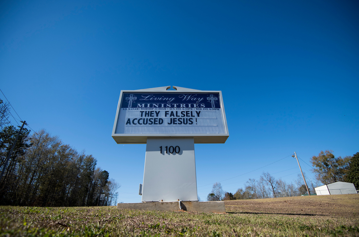 The sign outside of the Living Ways Ministries church in Opelika, Ala., reads 