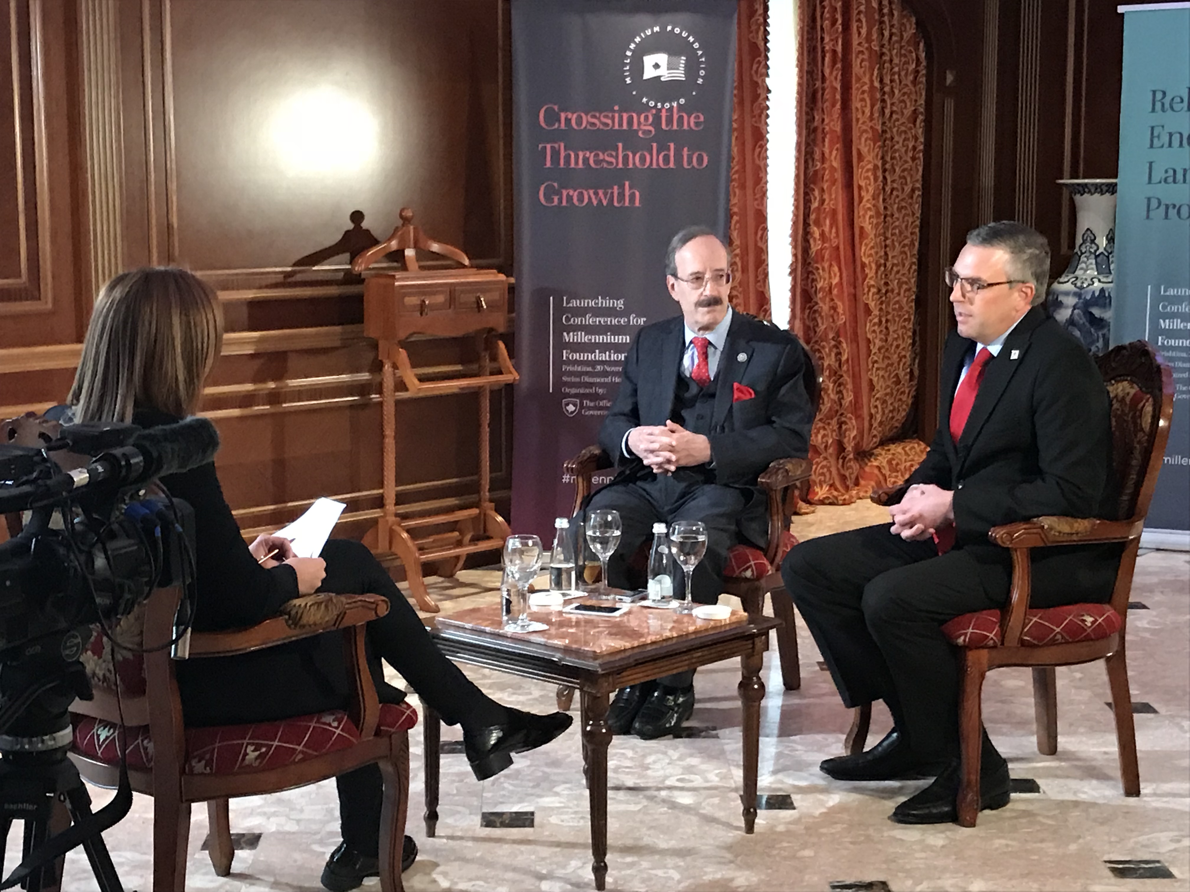 Congressman Eliot Engel and Millennium Challenge Corporation Chief Operating Officer Jonathan Nash interview with Radio Free Europe in Pristina, Kosovo on November 20. (Courtesy Millennium Challenge Corporation)