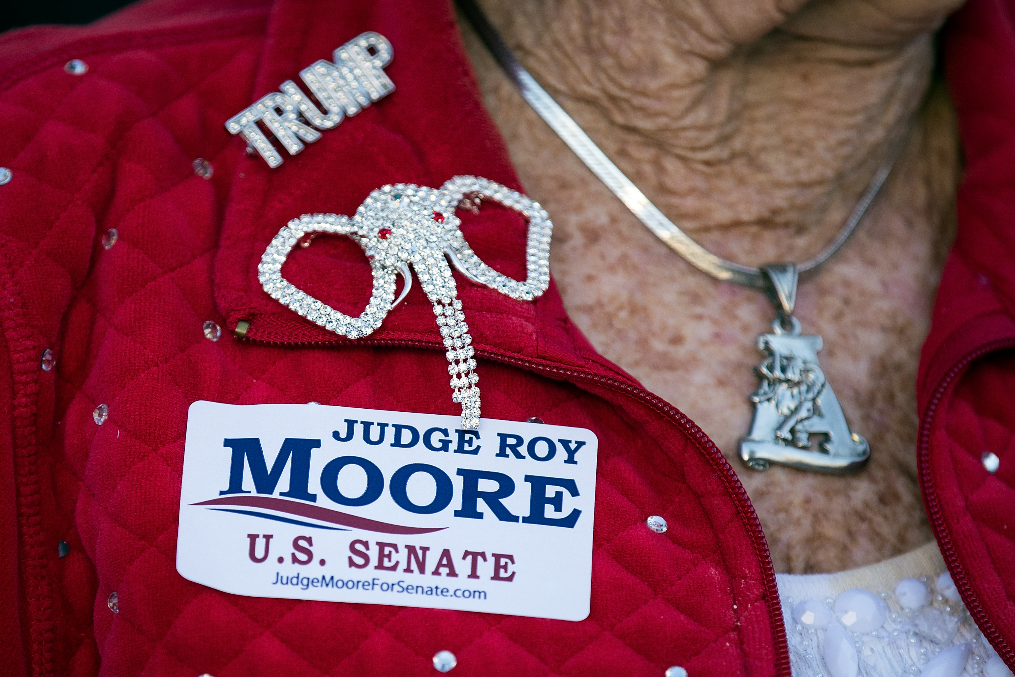 A woman wears a sticker supporting Roy Moore during a ‘Women for Moore’ rally in support of Republican candidate for U.S. Senate Judge Roy Moore on Nov. 17 in Montgomery, Alabama. (Drew Angerer/Getty Images)