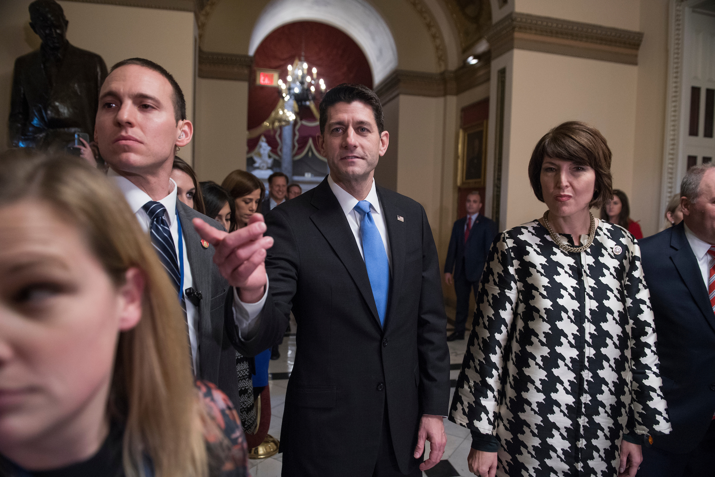 Speaker Paul D. Ryan, R-Wis., center, is trying to figure out the winning combo to fund the government and pass other priorities. (Tom Williams/CQ Roll Call)