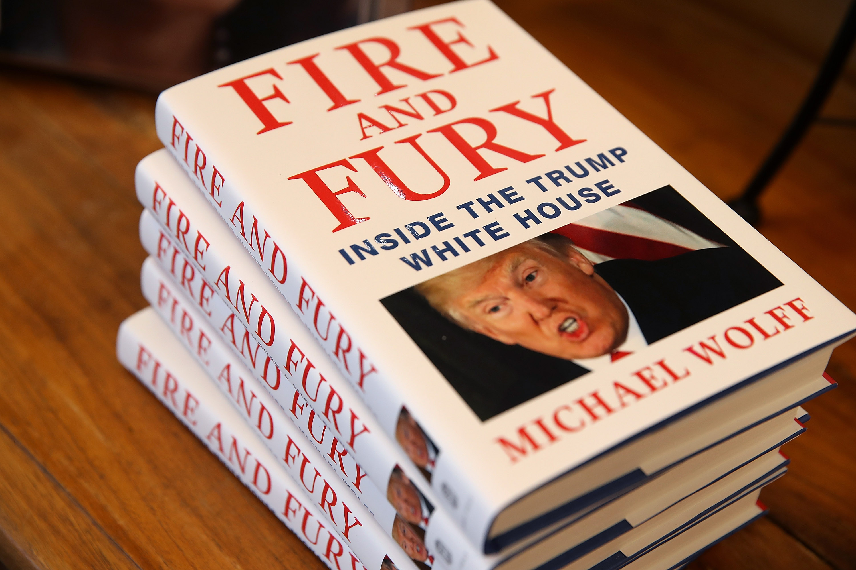 Copies of the book “Fire and Fury” by author Michael Wolff are displayed on a shelf at Book Passage on Friday. (Justin Sullivan/Getty Images)