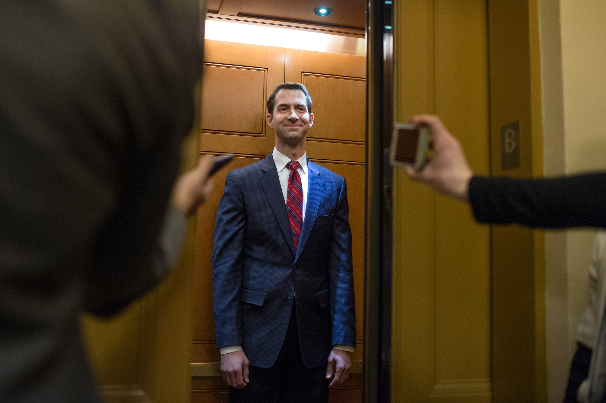 Sen. Tom Cotton, R-Ark., talks with reporters in the Capitol. (Tom Williams/CQ Roll Call file photo)