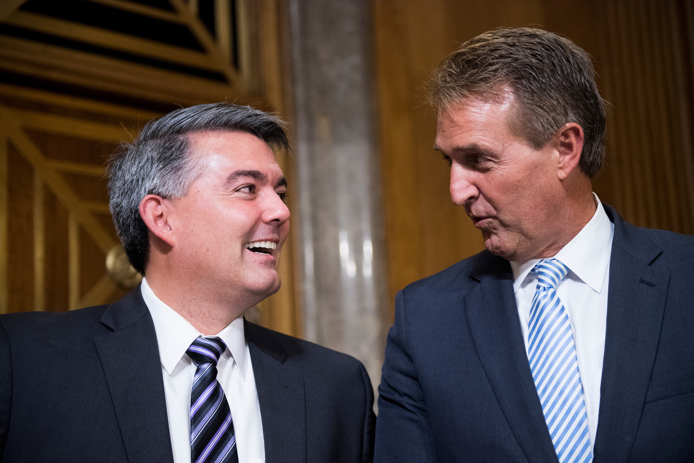 Sen. Cory Gardner, R-Colo., left and Sen. Jeff Flake, R-Ariz., have been out front among Republicans working to secure an immigration deal that includes a solution for “Dreamers.” (Bill Clark/CQ Roll Call)